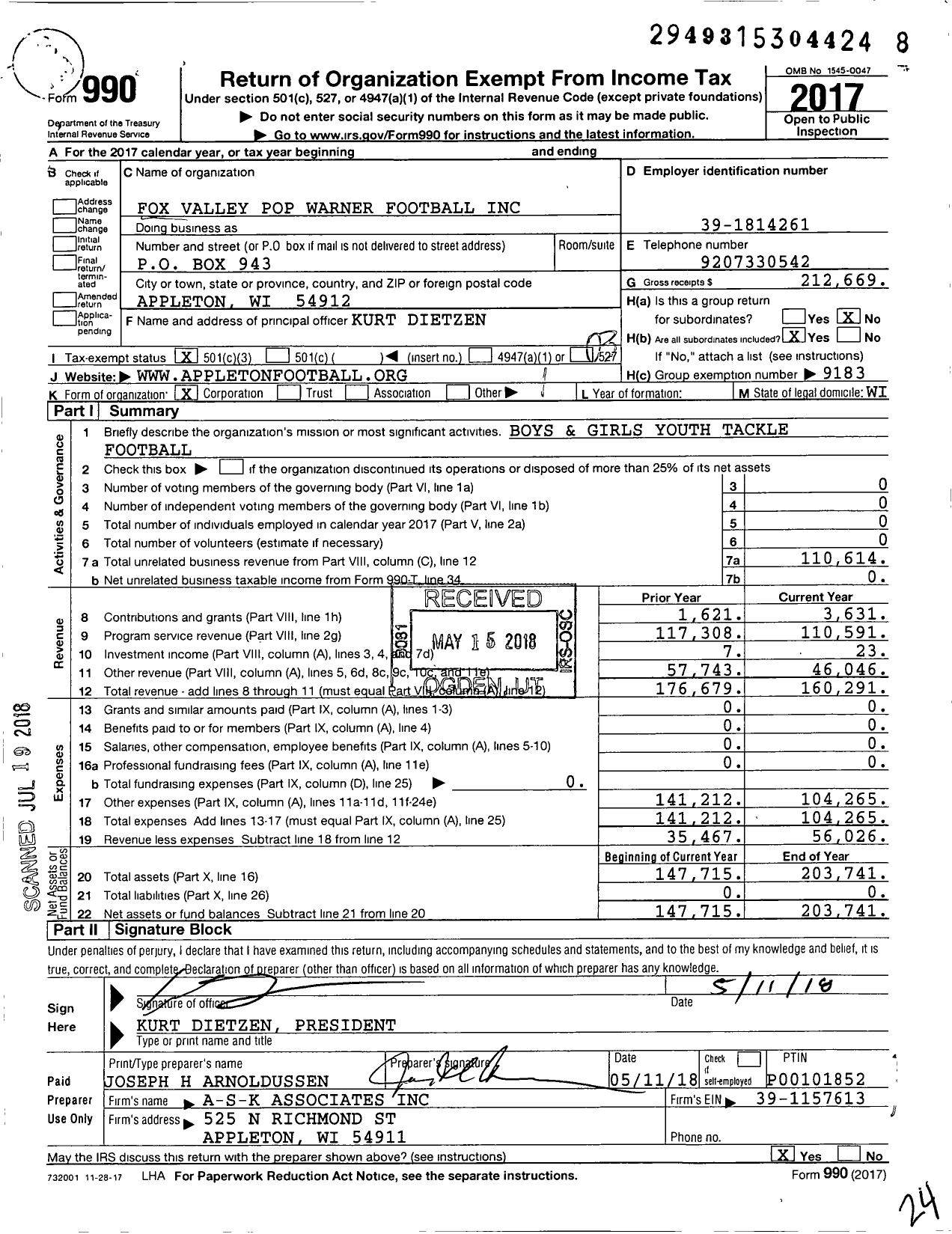 Image of first page of 2017 Form 990 for Fox Valley Pop Warner