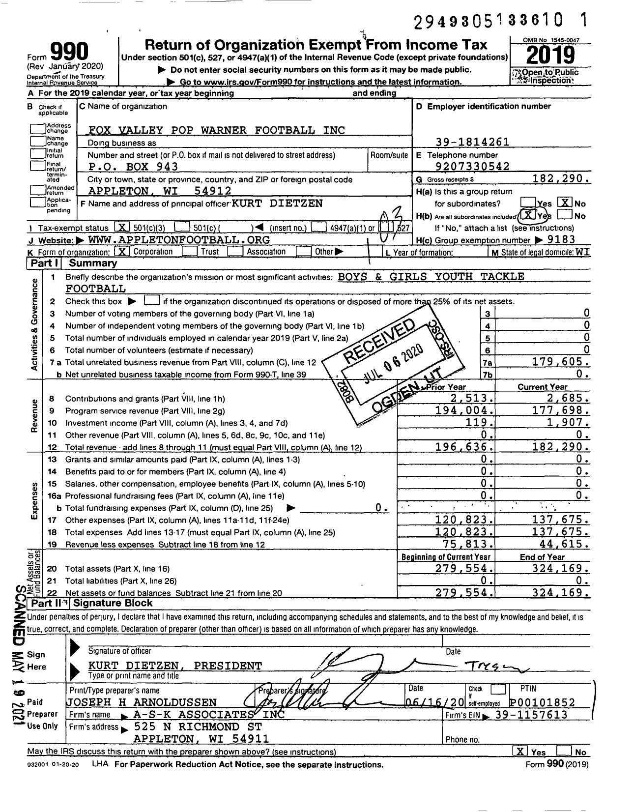 Image of first page of 2019 Form 990 for Fox Valley Pop Warner Football