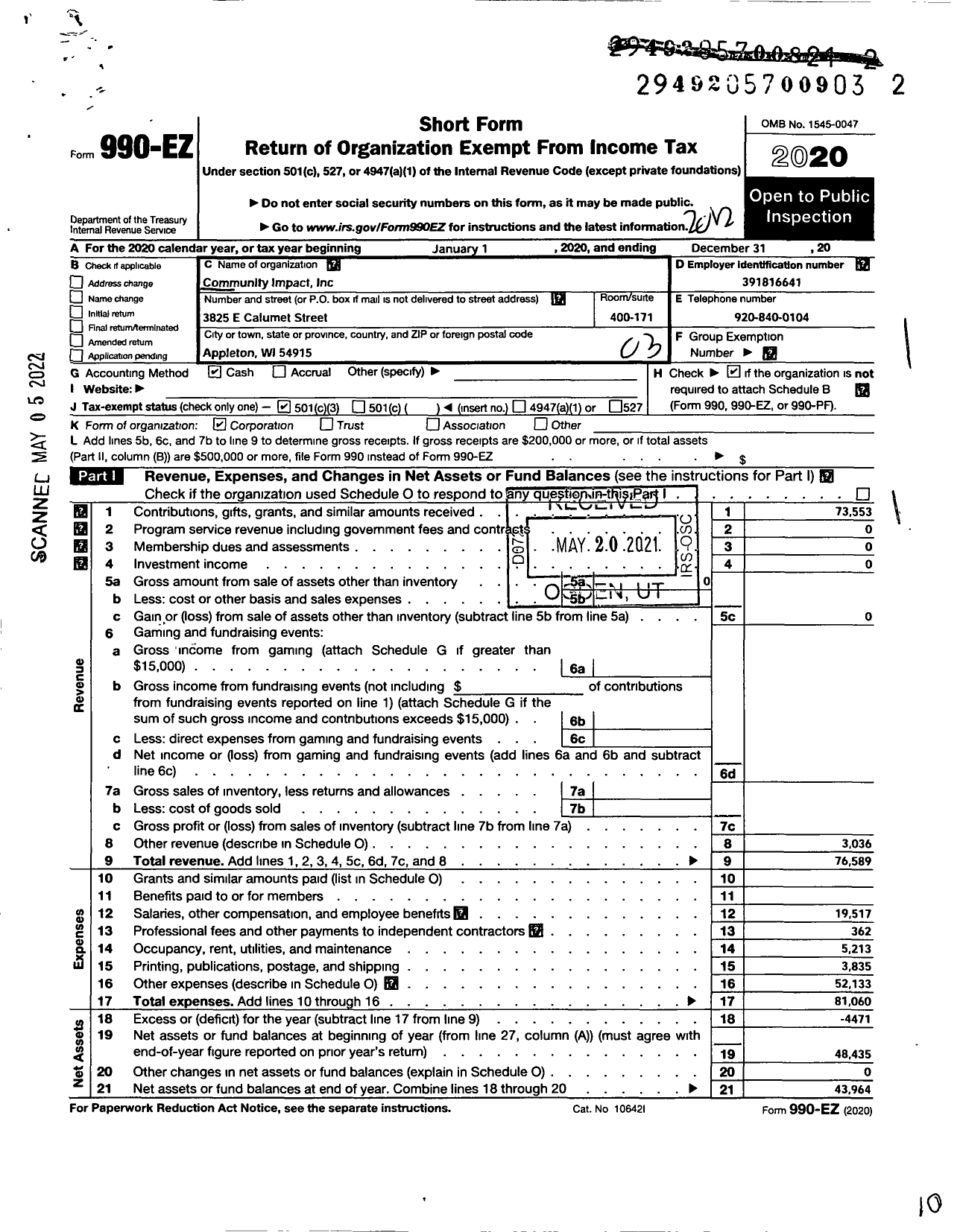 Image of first page of 2020 Form 990EZ for Community Impact