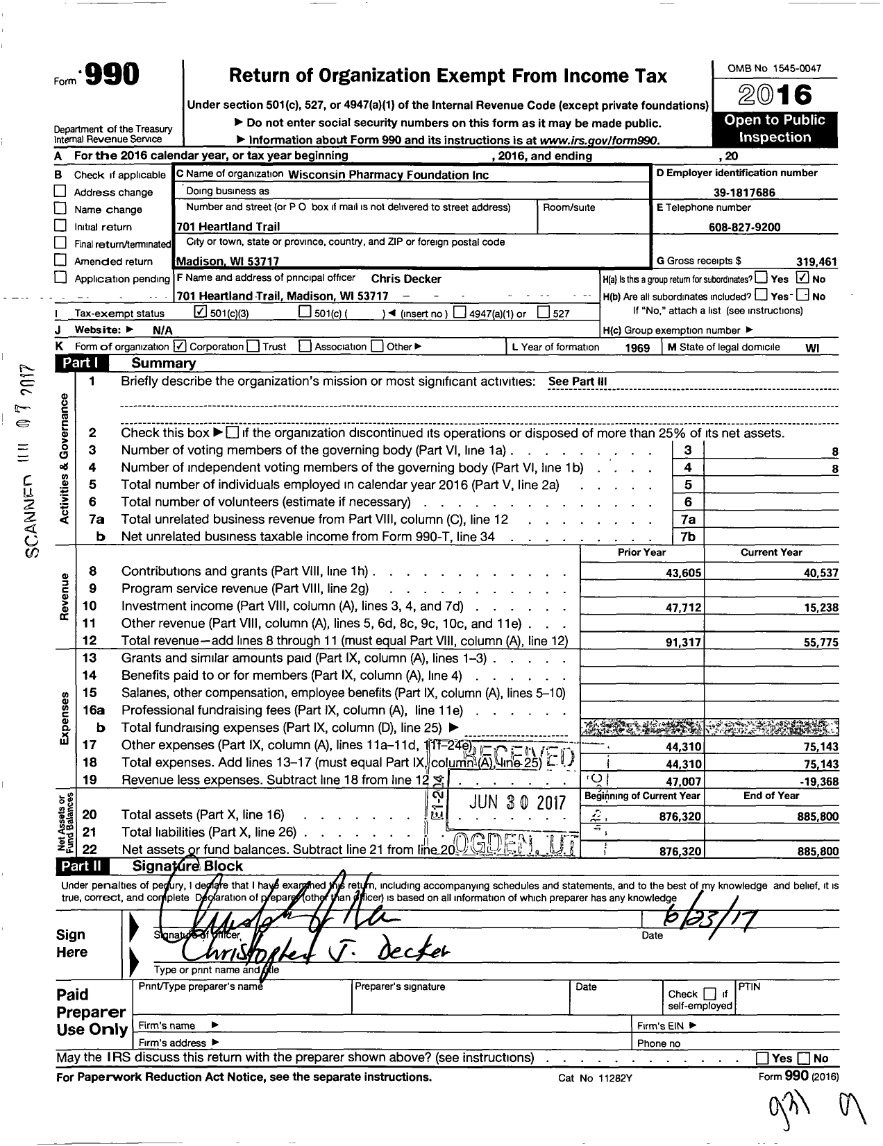 Image of first page of 2016 Form 990 for Wisconsin Pharmacy Foundation