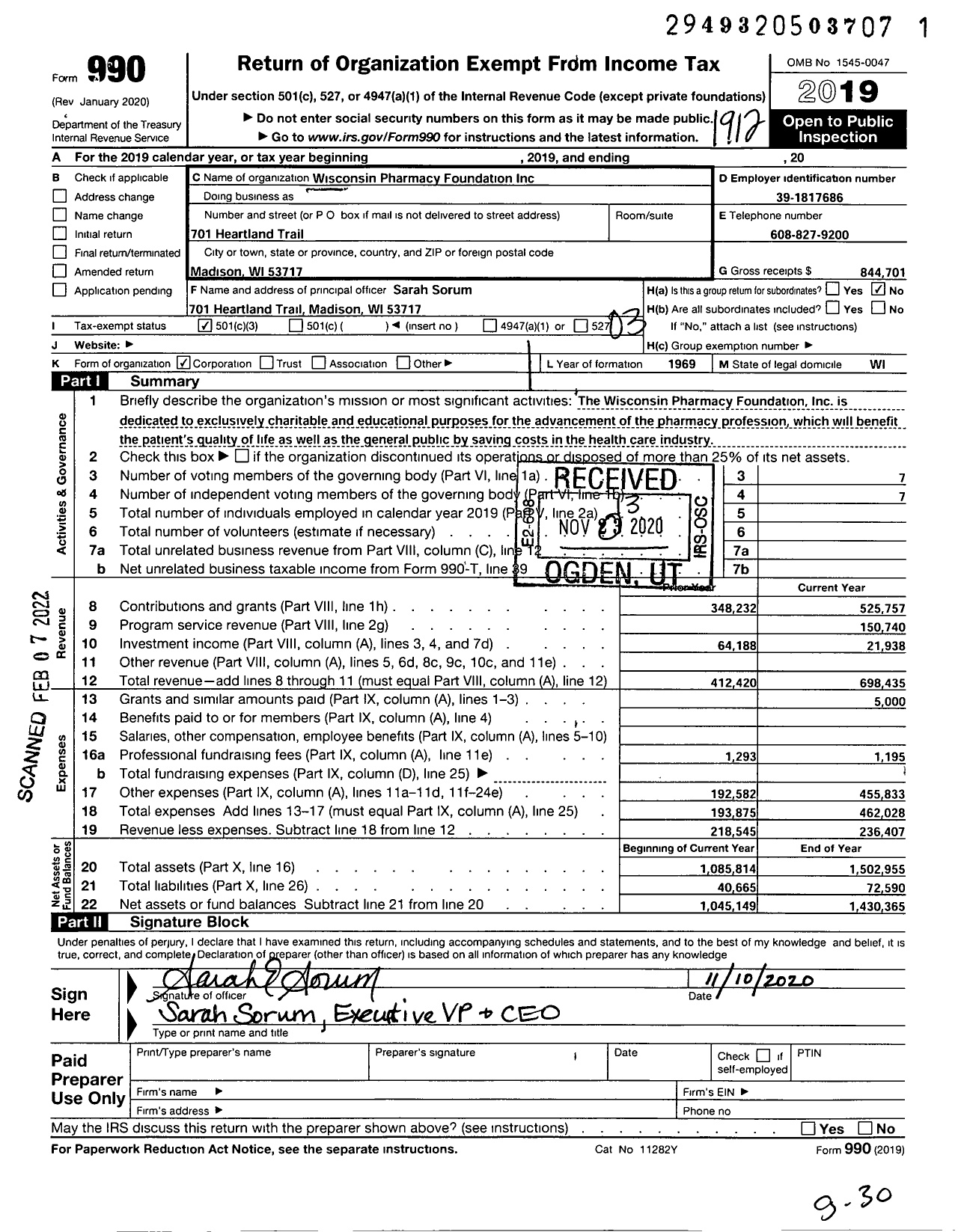 Image of first page of 2019 Form 990 for Wisconsin Pharmacy Foundation