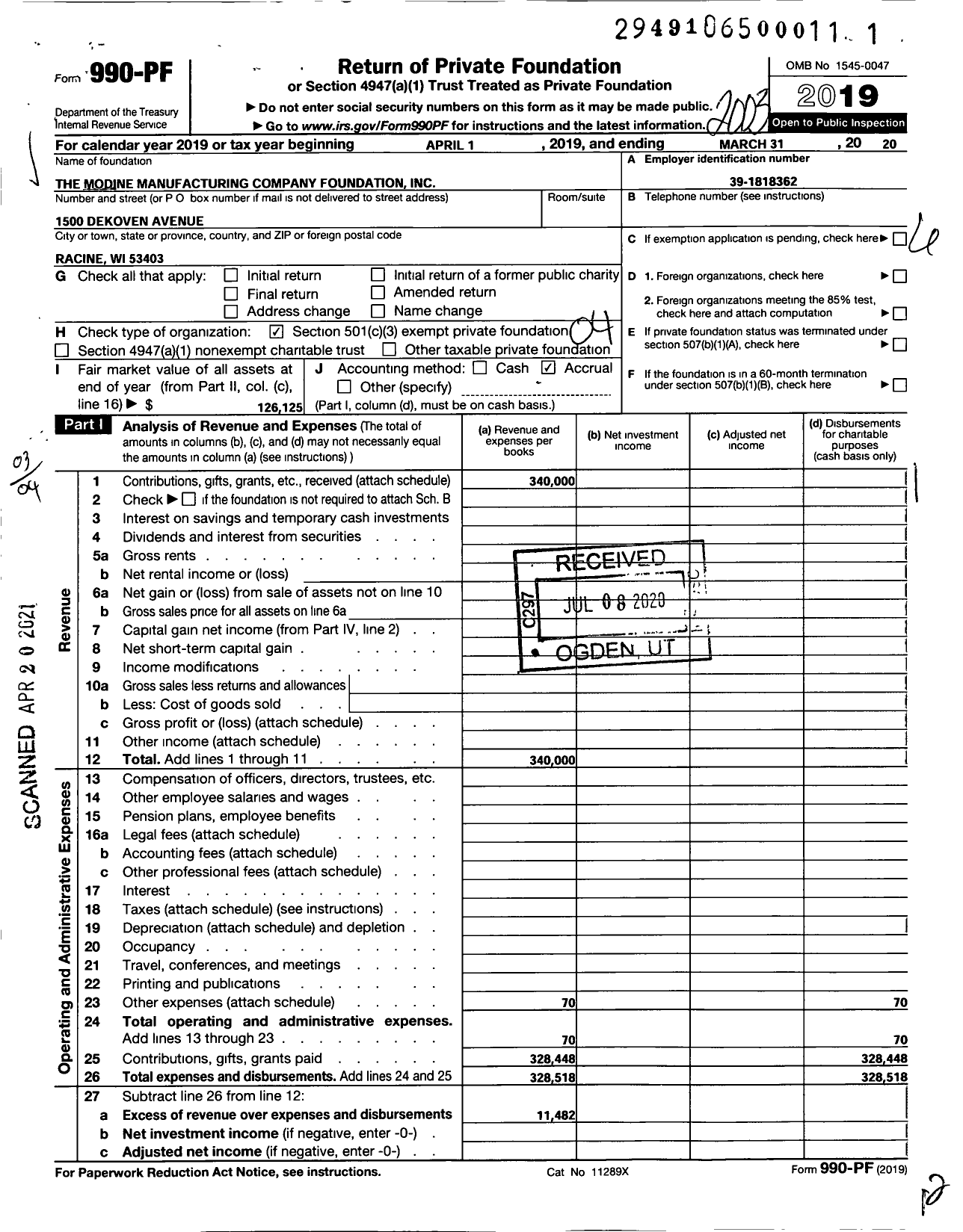 Image of first page of 2019 Form 990PF for Modine Manufacturing Company Foundation