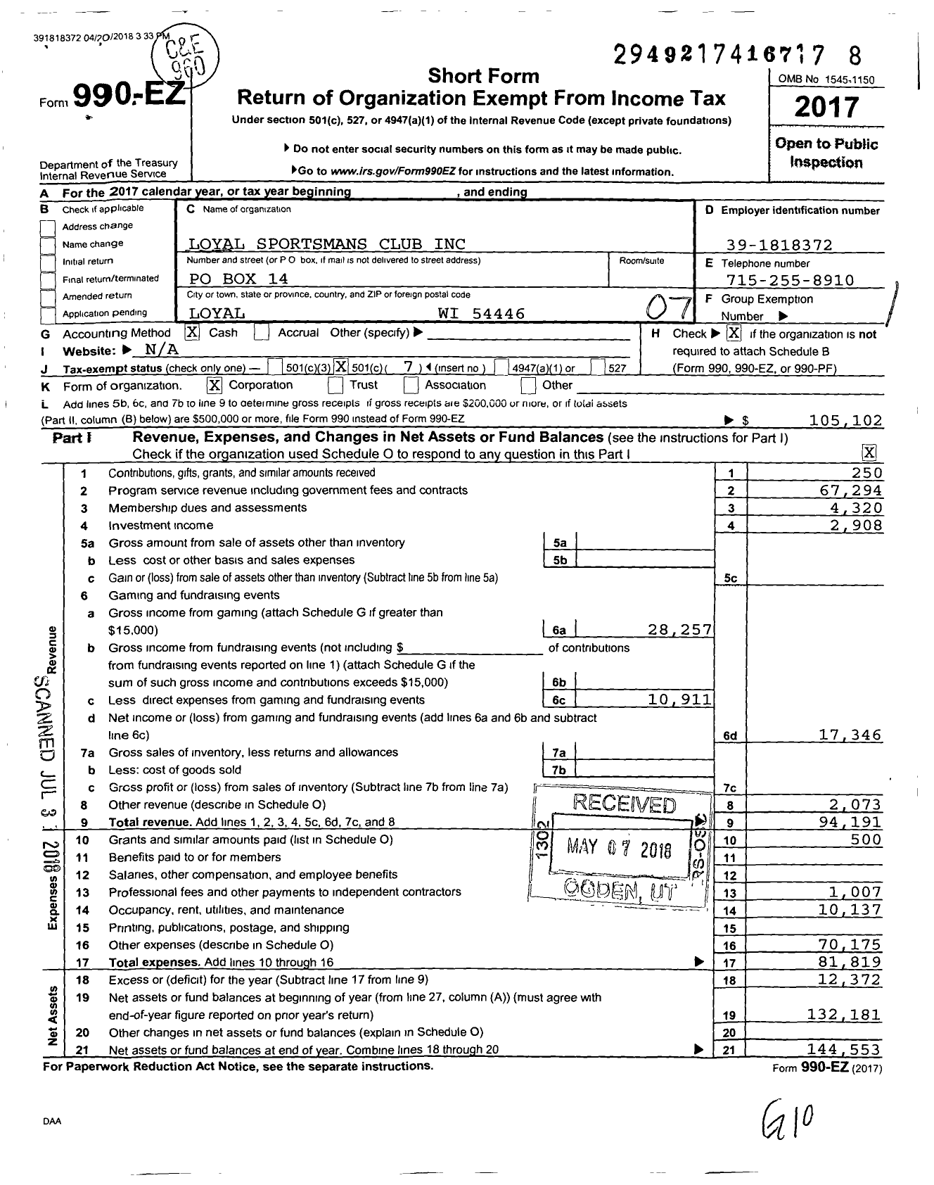 Image of first page of 2017 Form 990EO for Loyal Sportsmen's Club