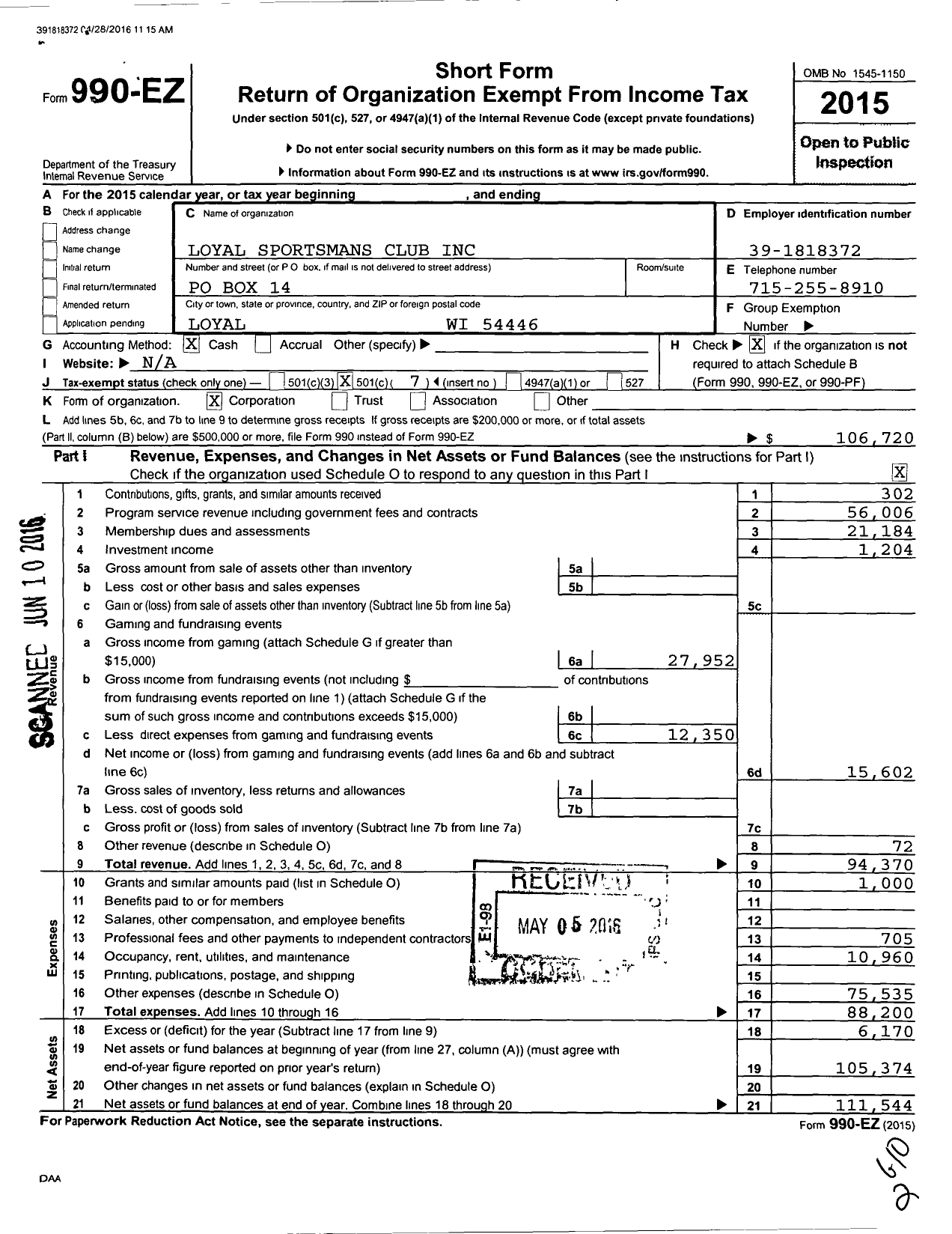 Image of first page of 2015 Form 990EO for Loyal Sportsmen's Club