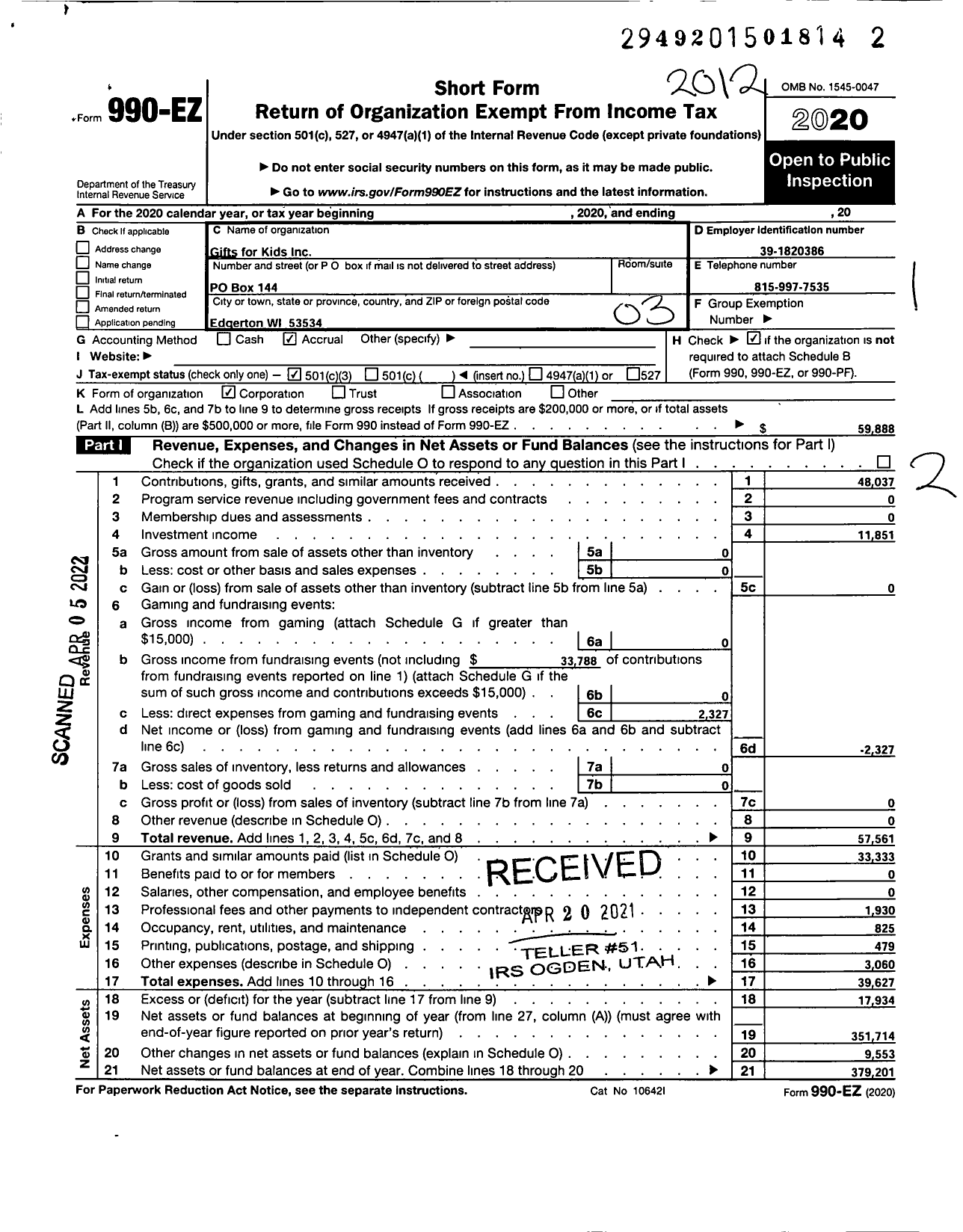 Image of first page of 2020 Form 990EZ for Gifts for Kids