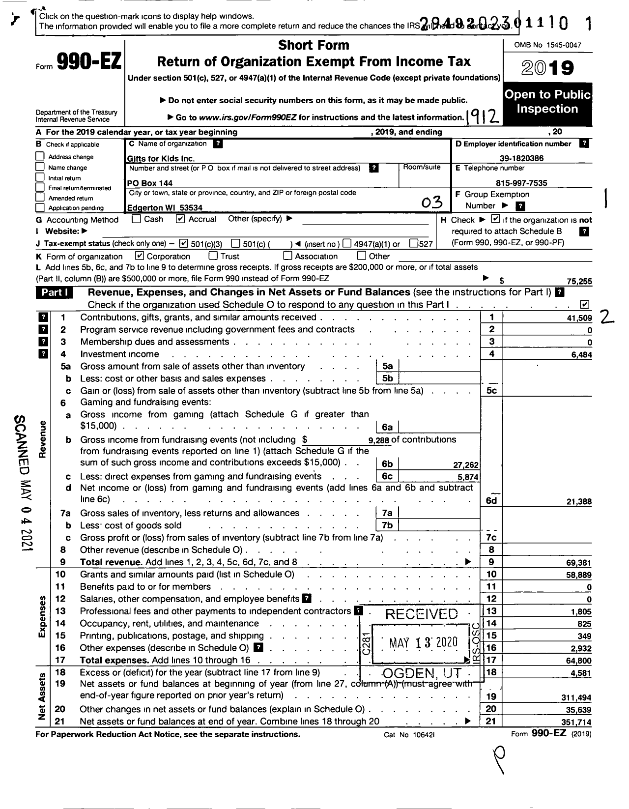 Image of first page of 2019 Form 990EZ for Gifts for Kids