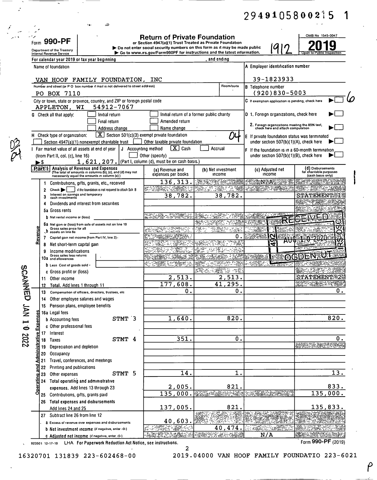Image of first page of 2019 Form 990PF for Van Hoof Family Foundation