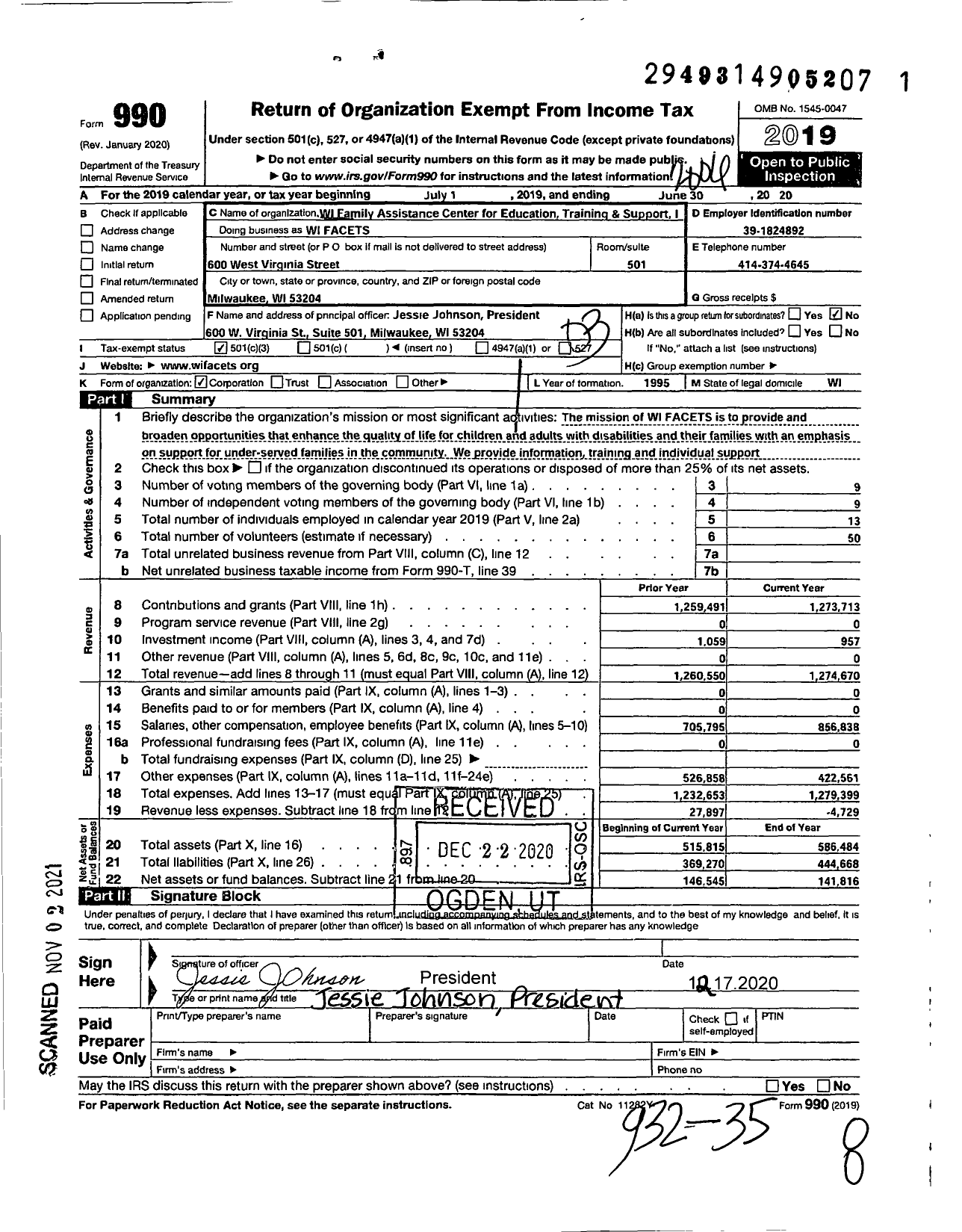 Image of first page of 2019 Form 990 for Wi Facets