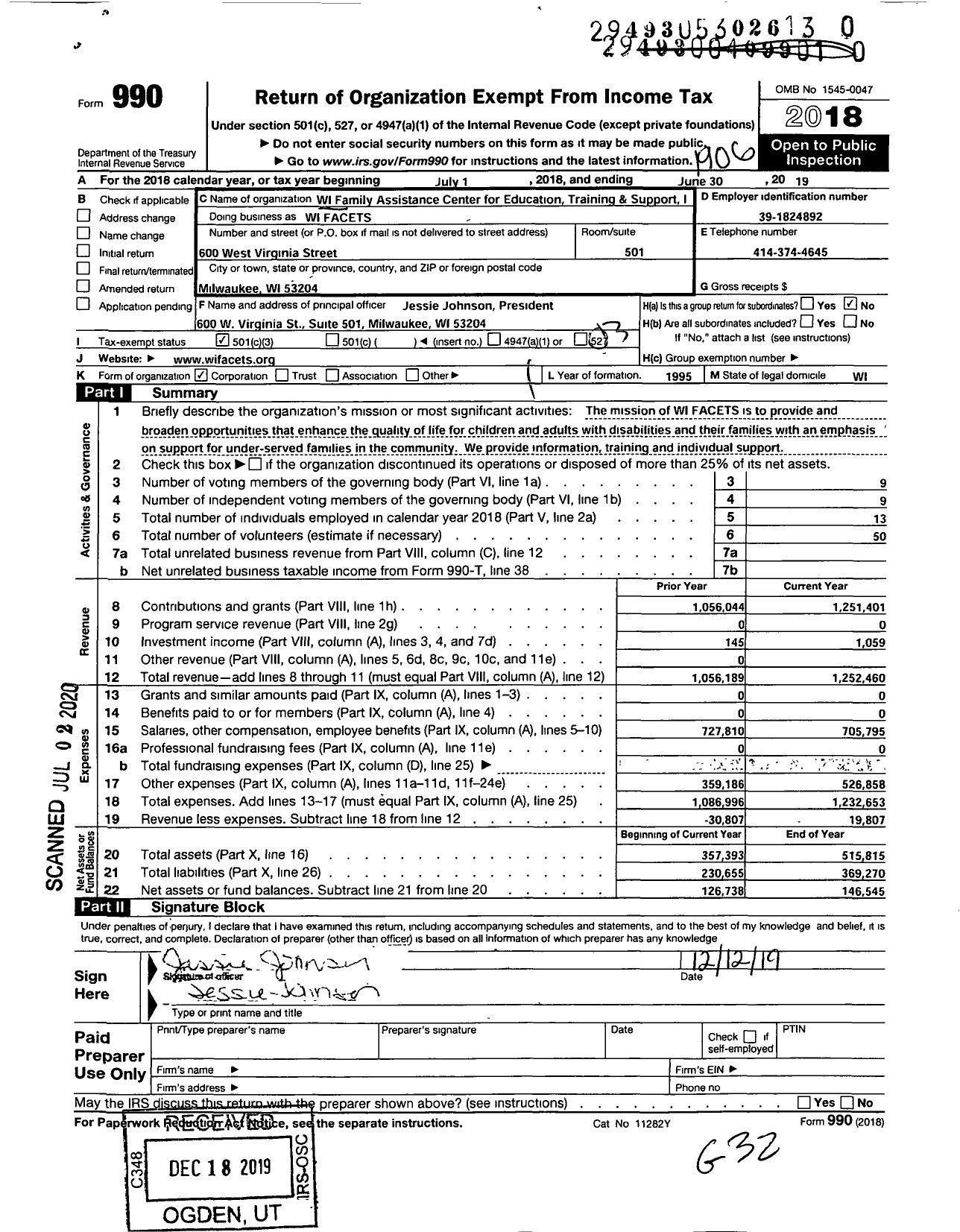 Image of first page of 2018 Form 990 for Wi Facets