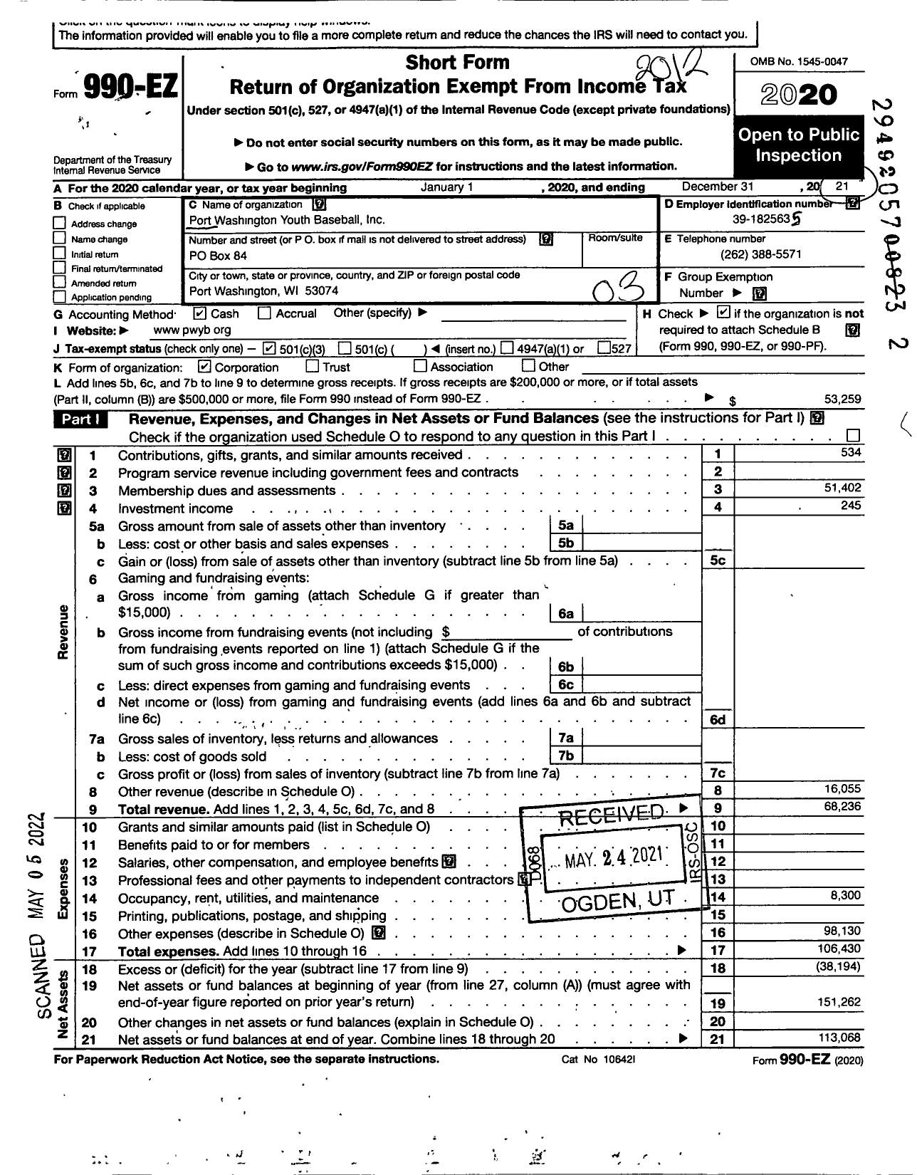 Image of first page of 2020 Form 990EZ for Port Washington Youth Baseball