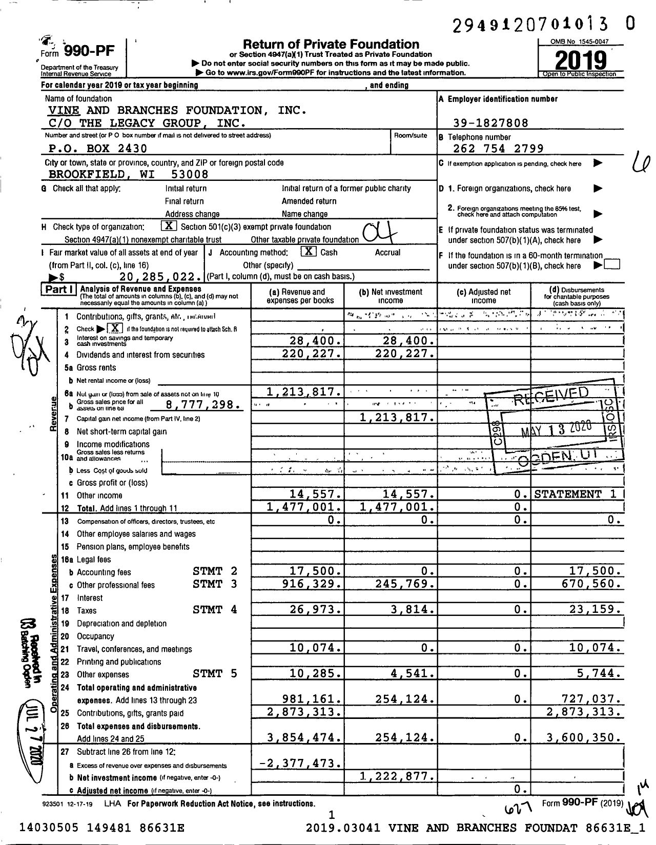 Image of first page of 2019 Form 990PR for Vine and Branches Foundation
