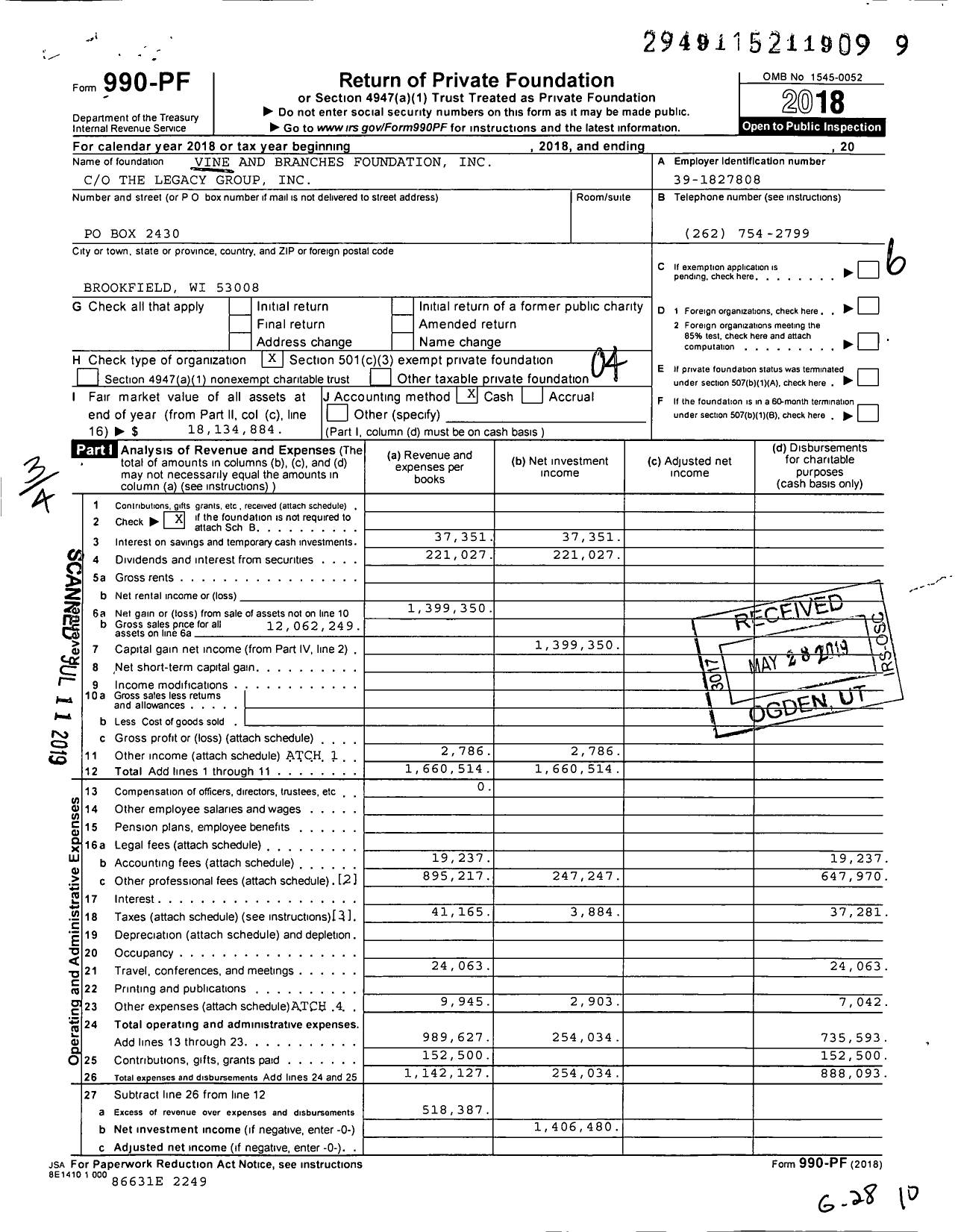 Image of first page of 2018 Form 990PF for Vine and Branches Foundation