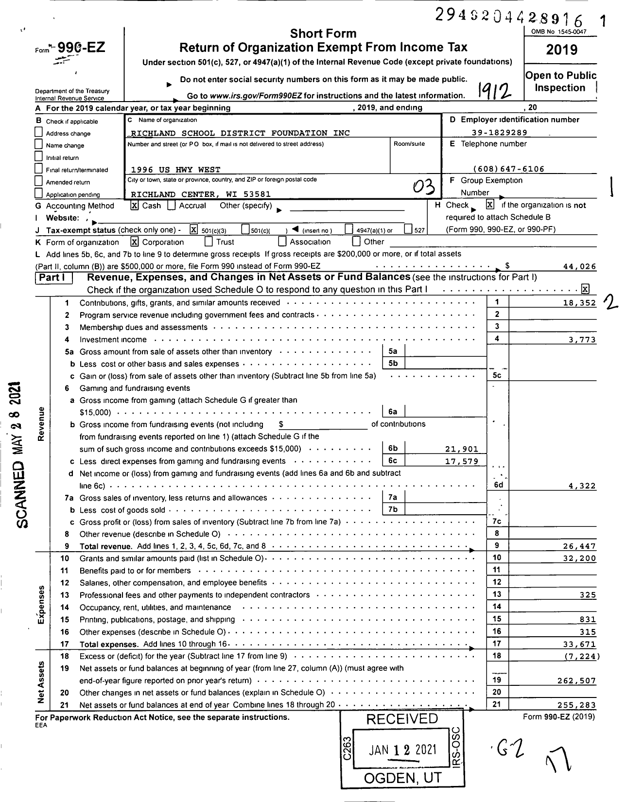 Image of first page of 2019 Form 990EZ for Richland School District Foundation