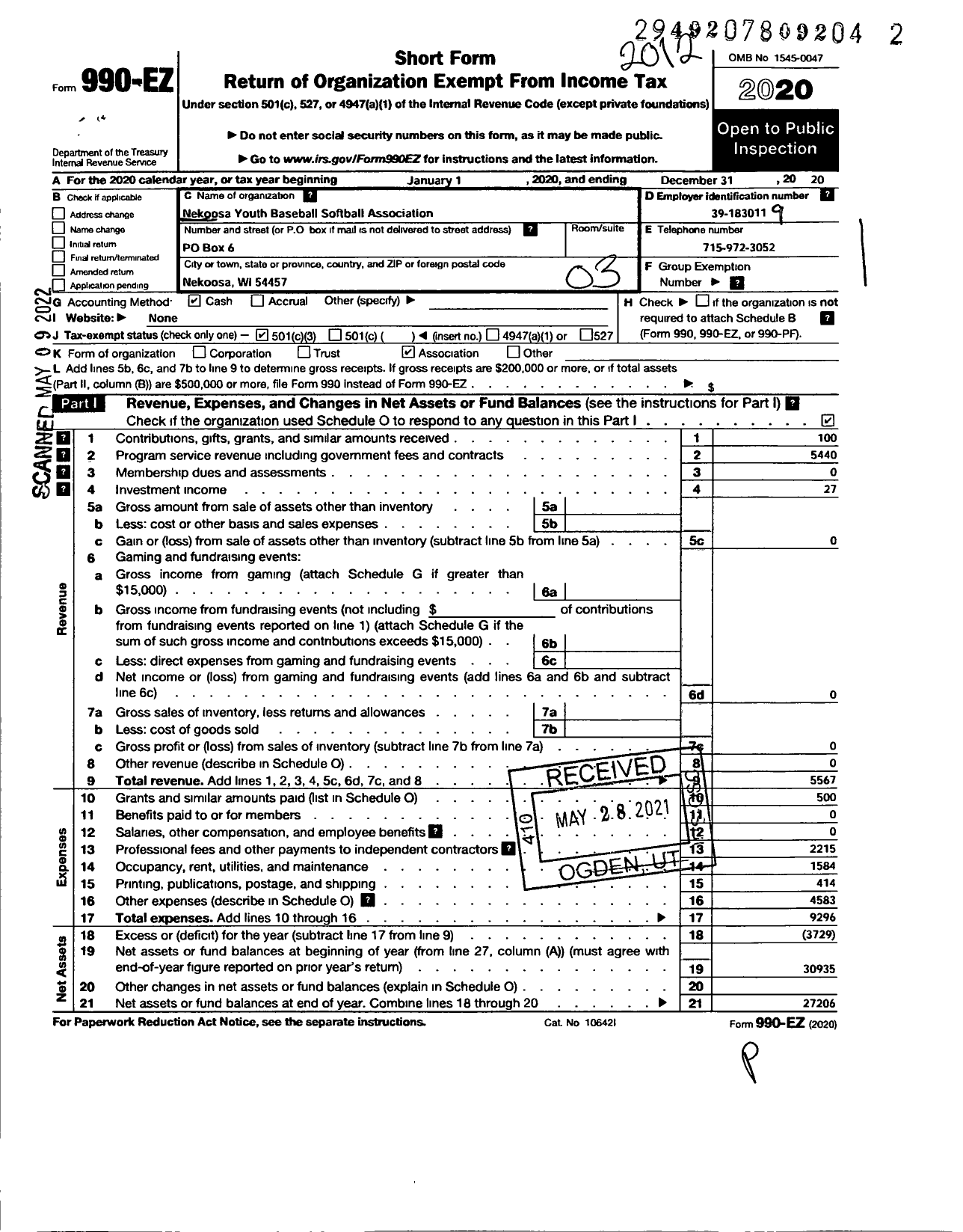 Image of first page of 2020 Form 990EZ for Nekoosa Youth Baseball Softball Association