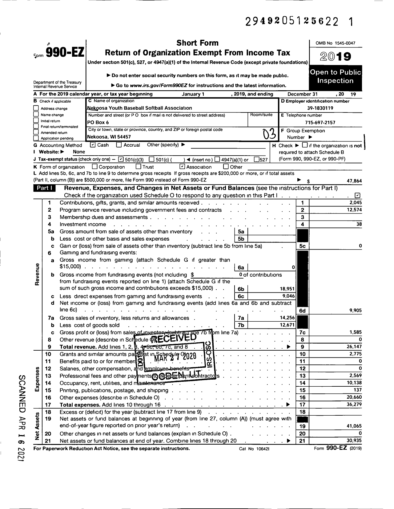 Image of first page of 2019 Form 990EZ for Nekoosa Youth Baseball Softball Association