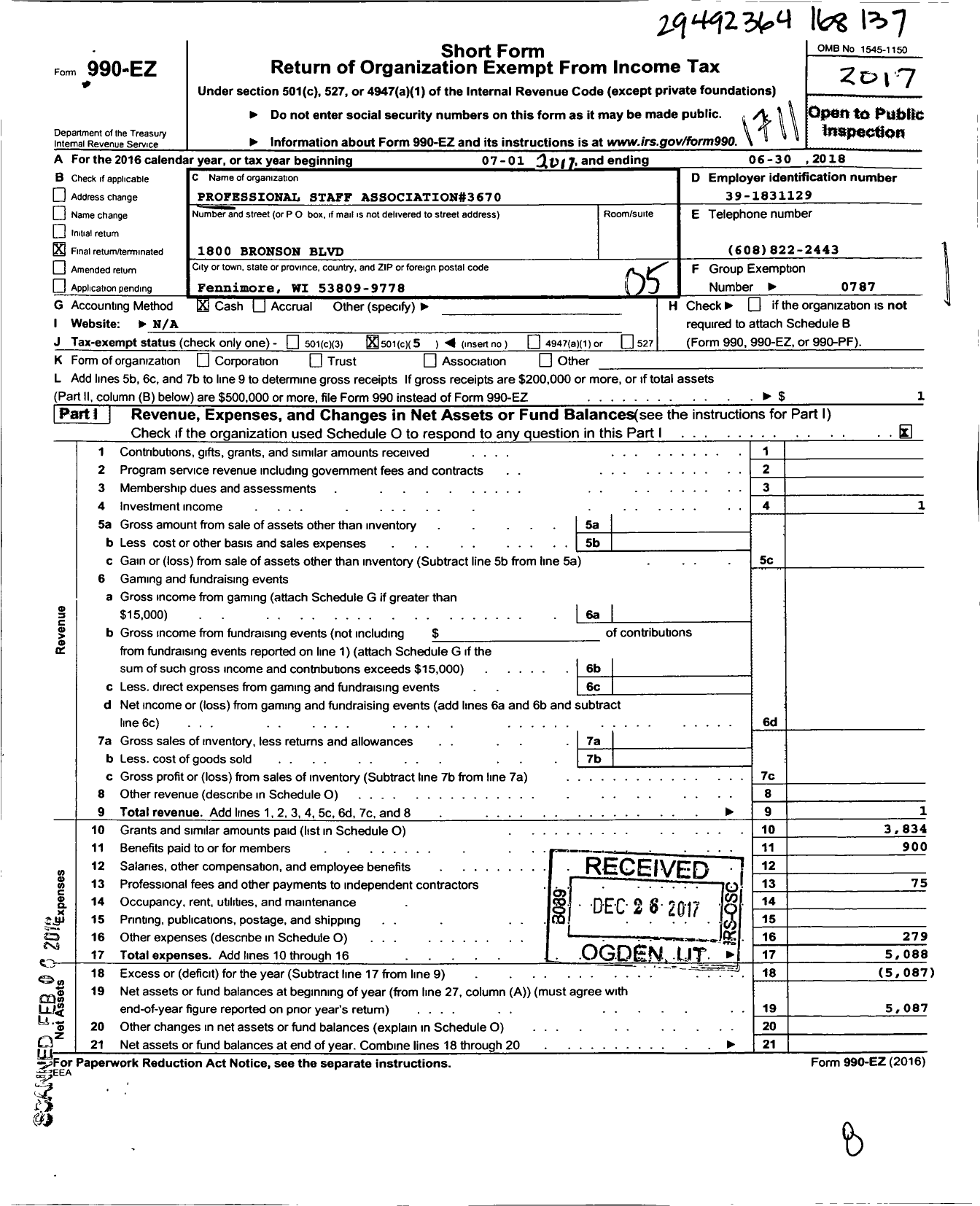 Image of first page of 2016 Form 990EO for American Federation of Teachers - 3670 Professional Staff Association