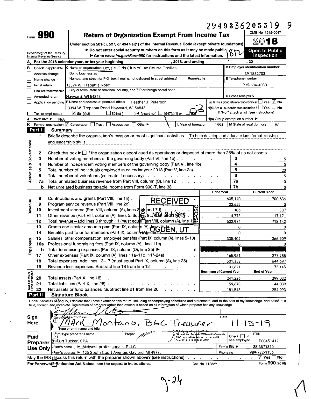 Image of first page of 2018 Form 990 for Boys and Girls Club of Lac Courte Oreilles