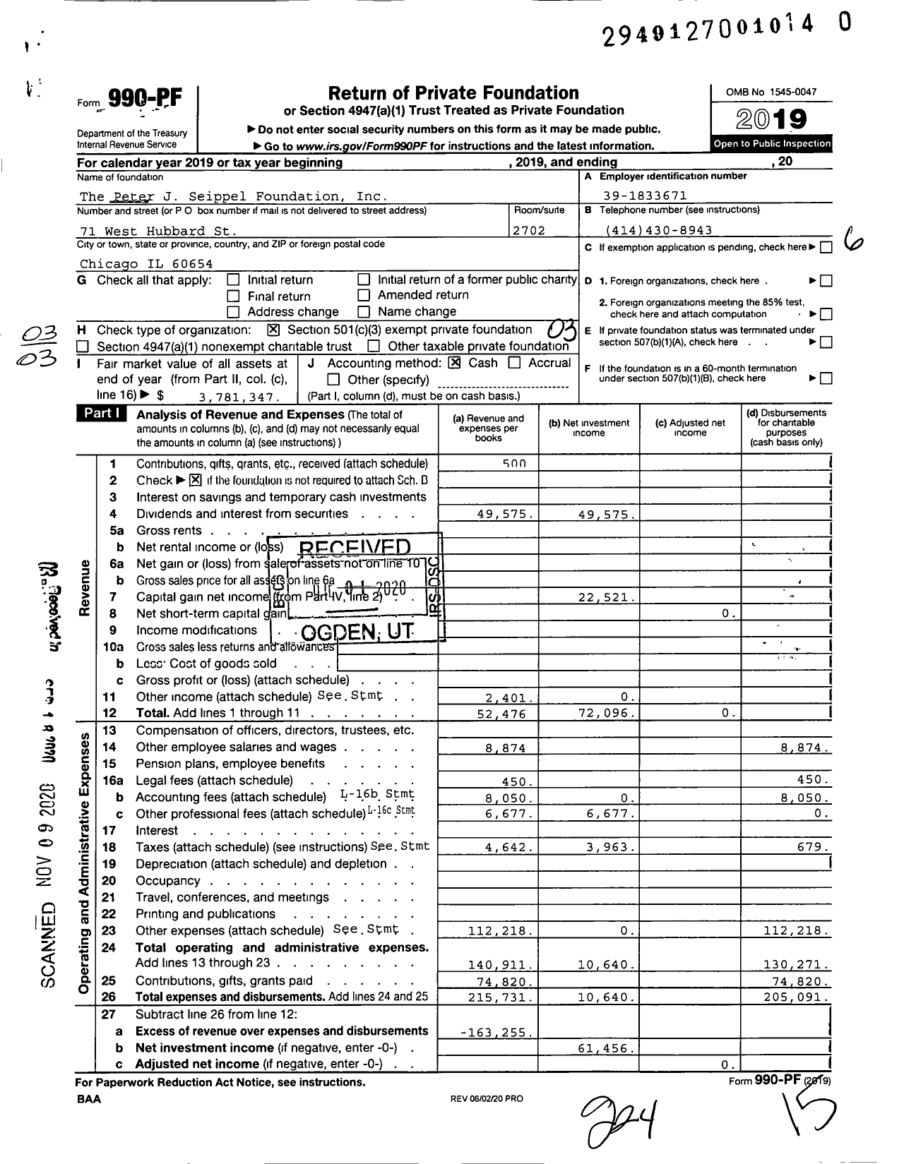 Image of first page of 2019 Form 990PF for The Peter J Seippel Foundation