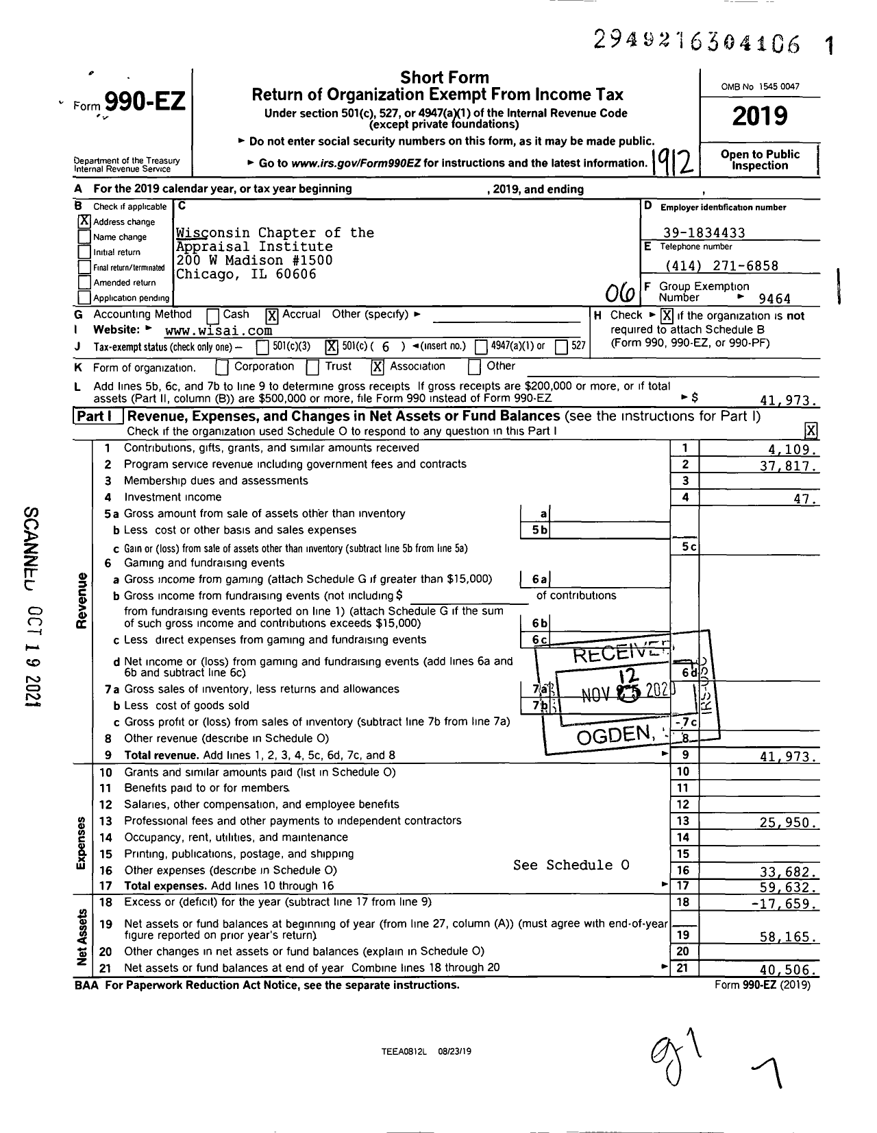 Image of first page of 2019 Form 990EO for Wisconsin Chapter of the Appraisal Institute