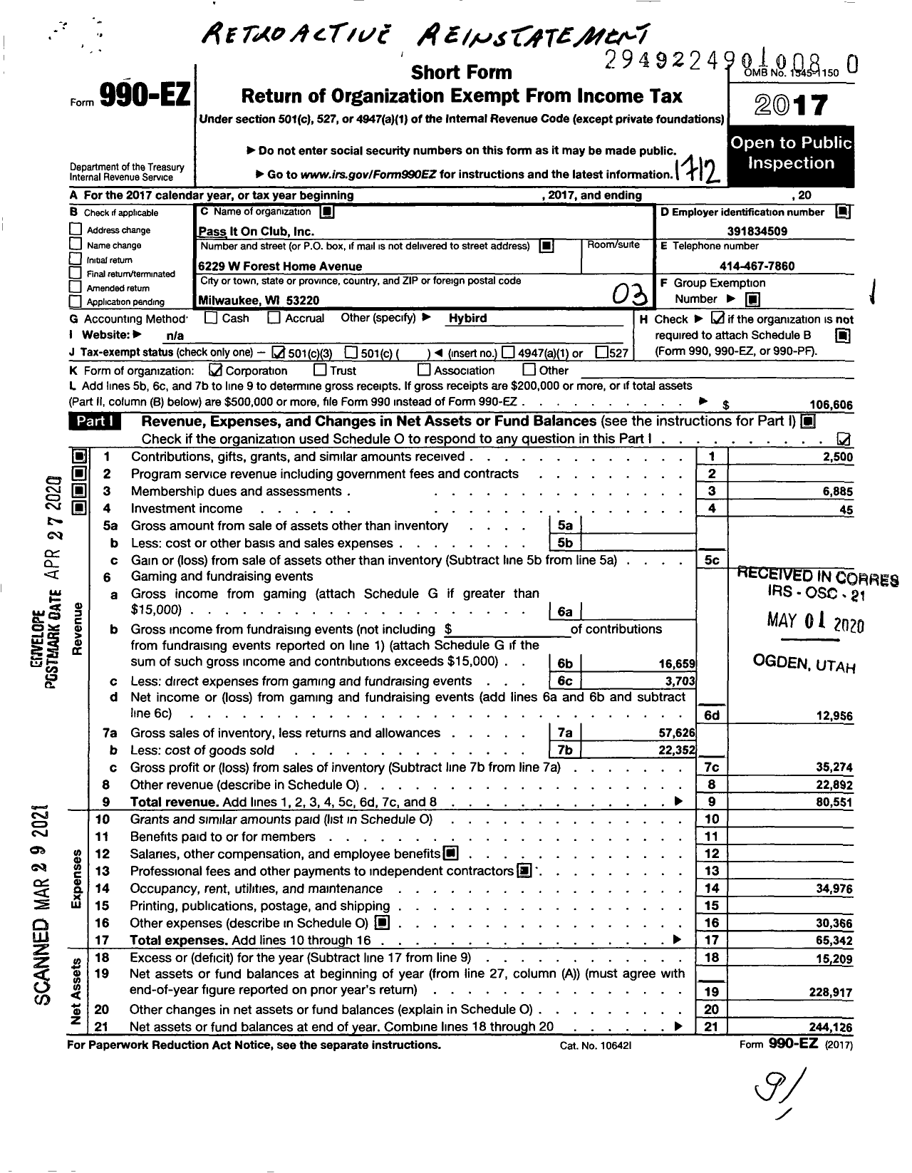 Image of first page of 2017 Form 990EZ for Pass It on Club