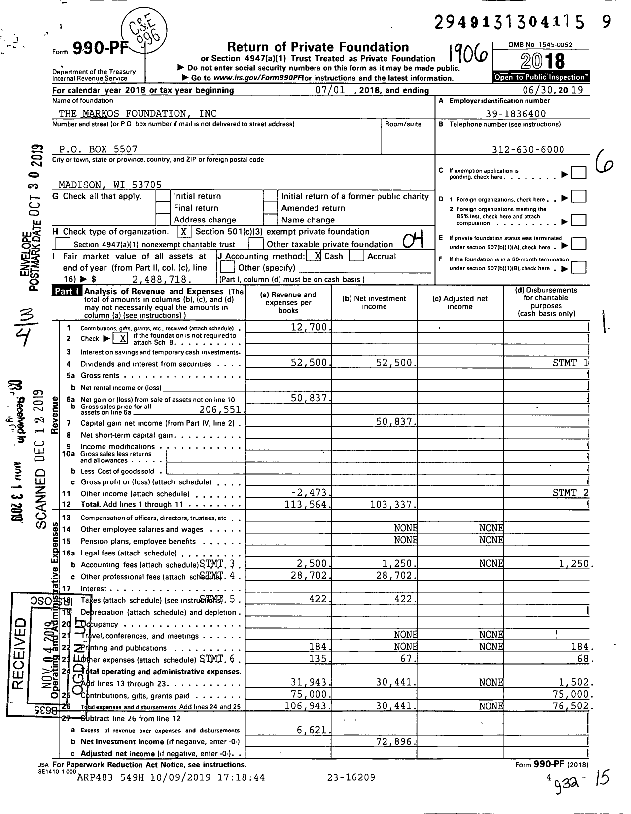 Image of first page of 2018 Form 990PF for The Markos Foundation