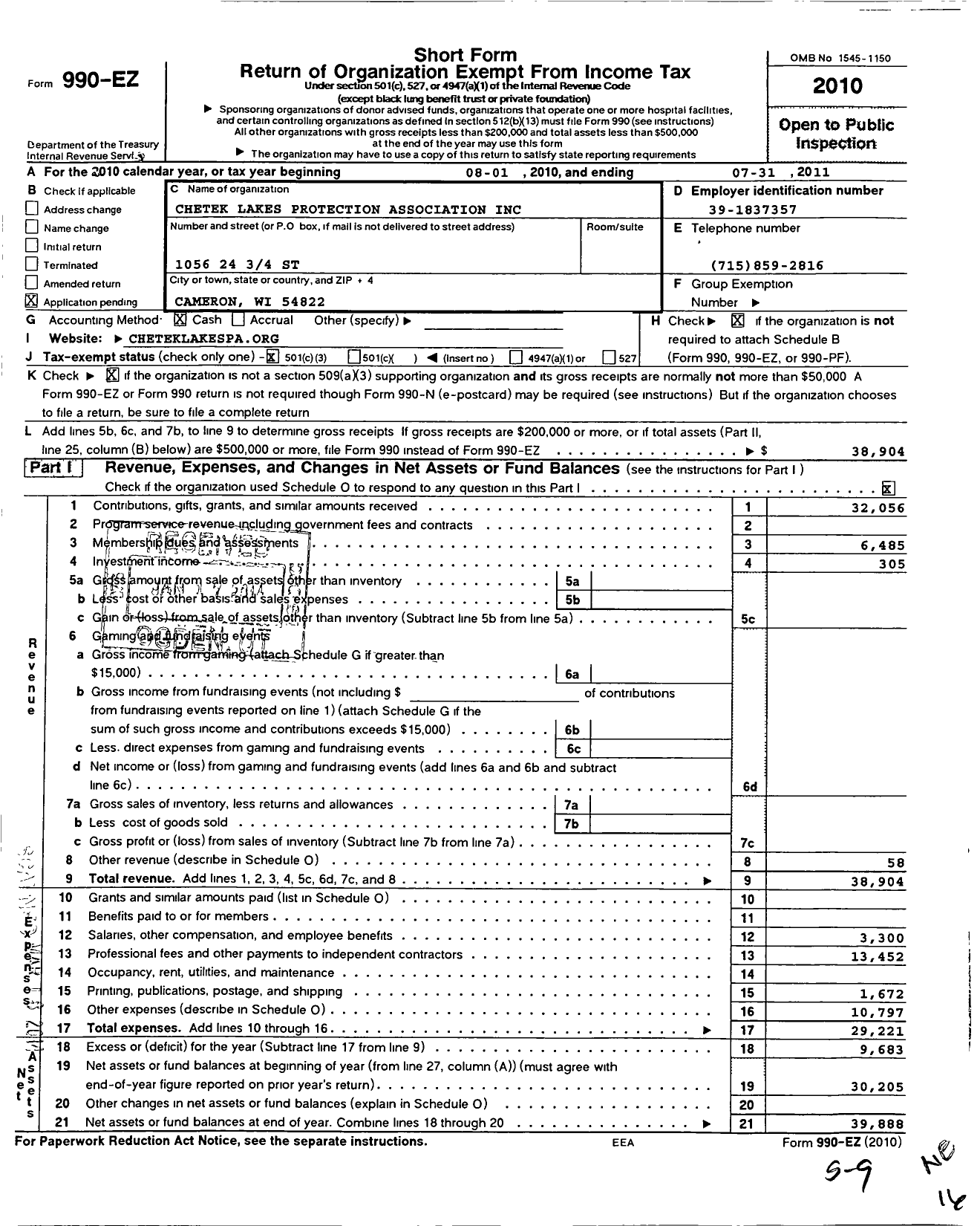 Image of first page of 2010 Form 990EZ for Chetek Lakes Protection Association