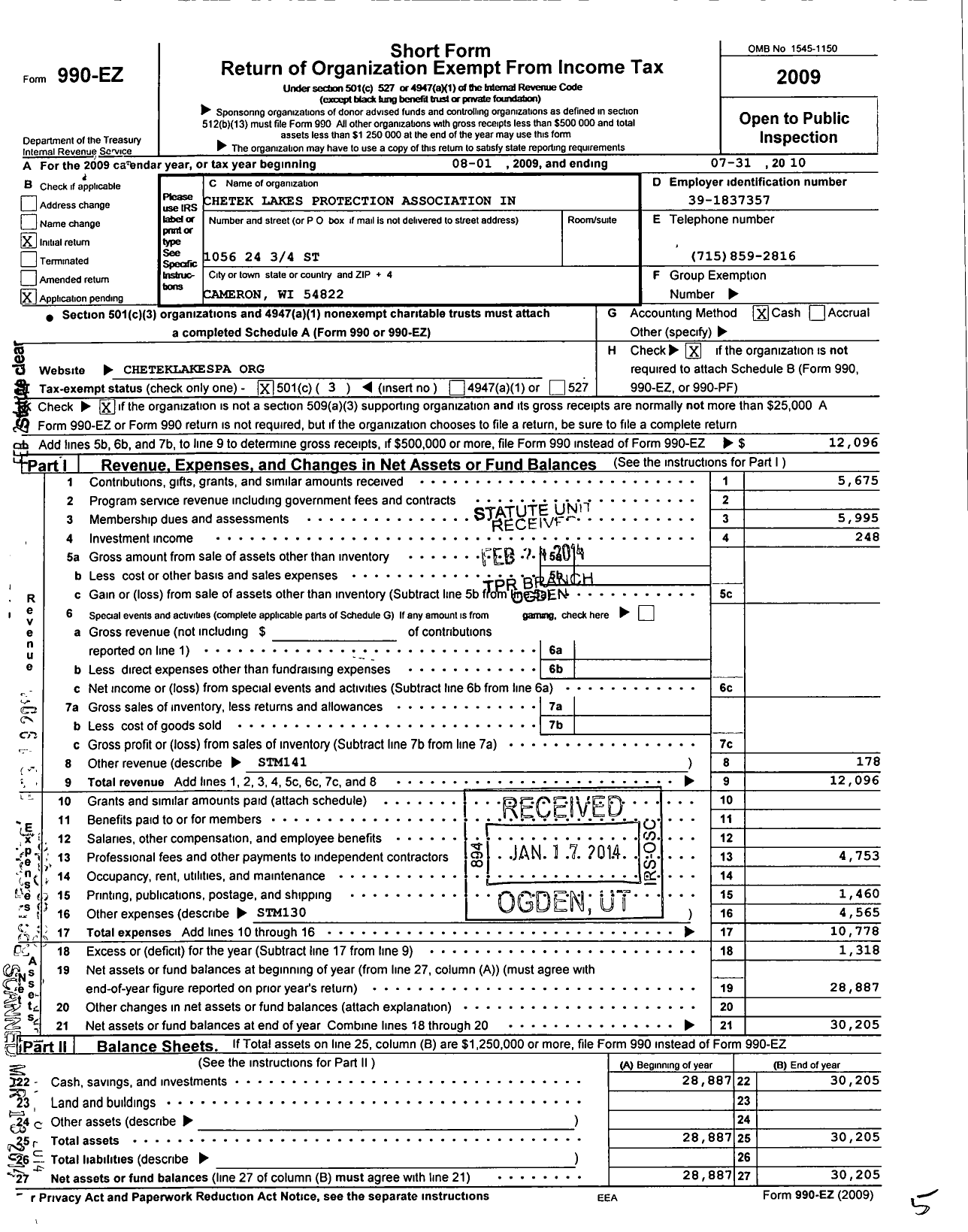 Image of first page of 2009 Form 990EZ for Chetek Lakes Protection Association