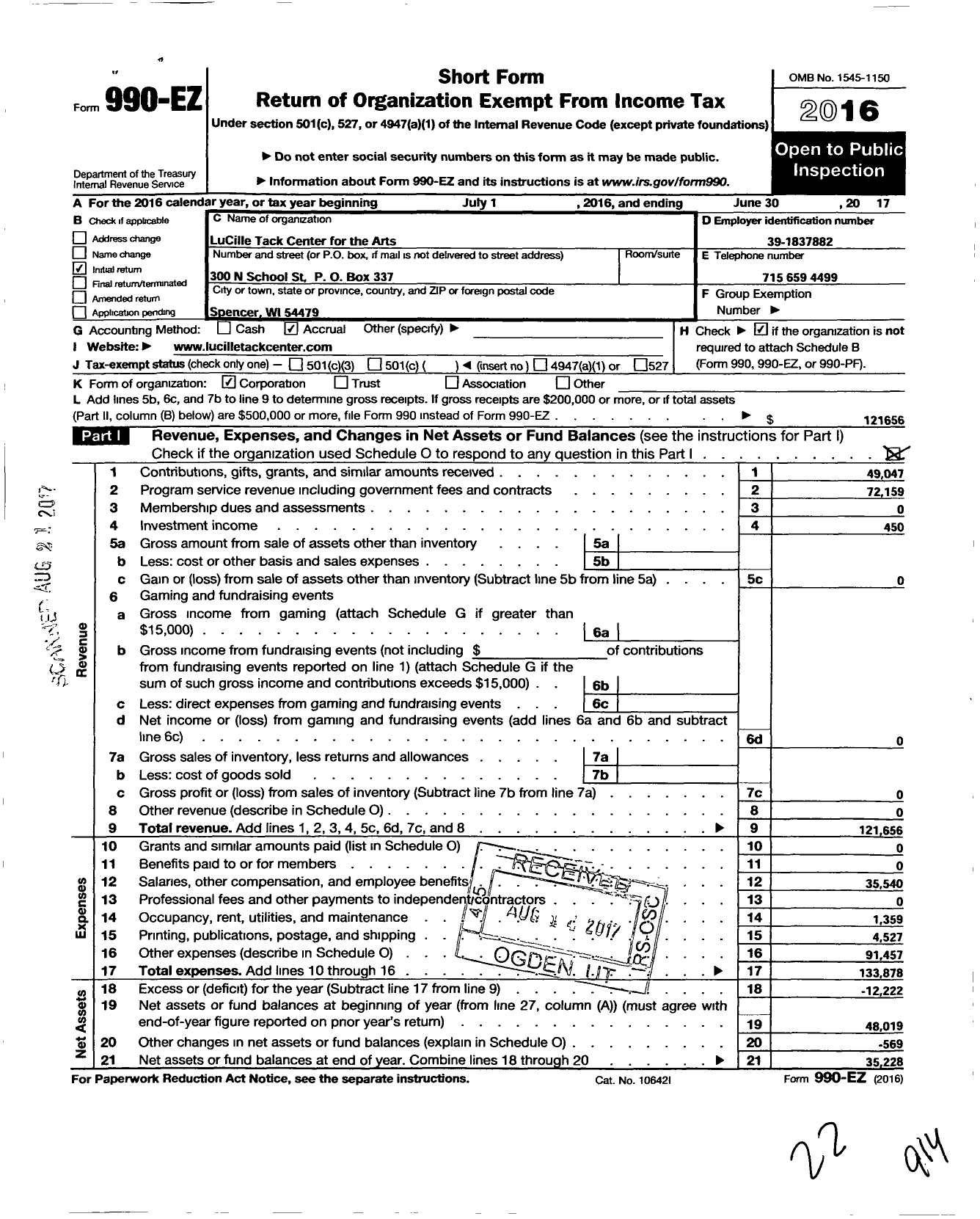 Image of first page of 2016 Form 990EO for LUCILLE TACK Center FOR THE ARTS