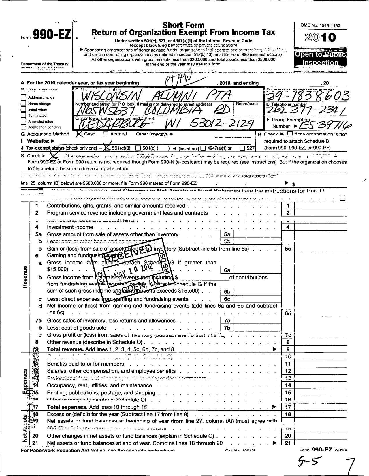 Image of first page of 2010 Form 990EZ for PTA Wisconsin Congress / Penny Larson