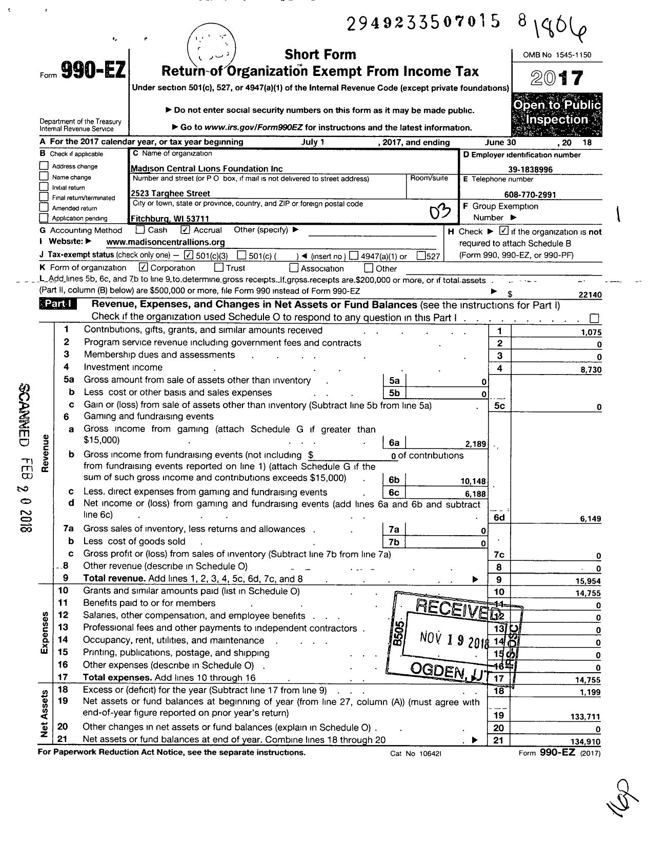 Image of first page of 2017 Form 990EZ for Madison Central Lions Foundation