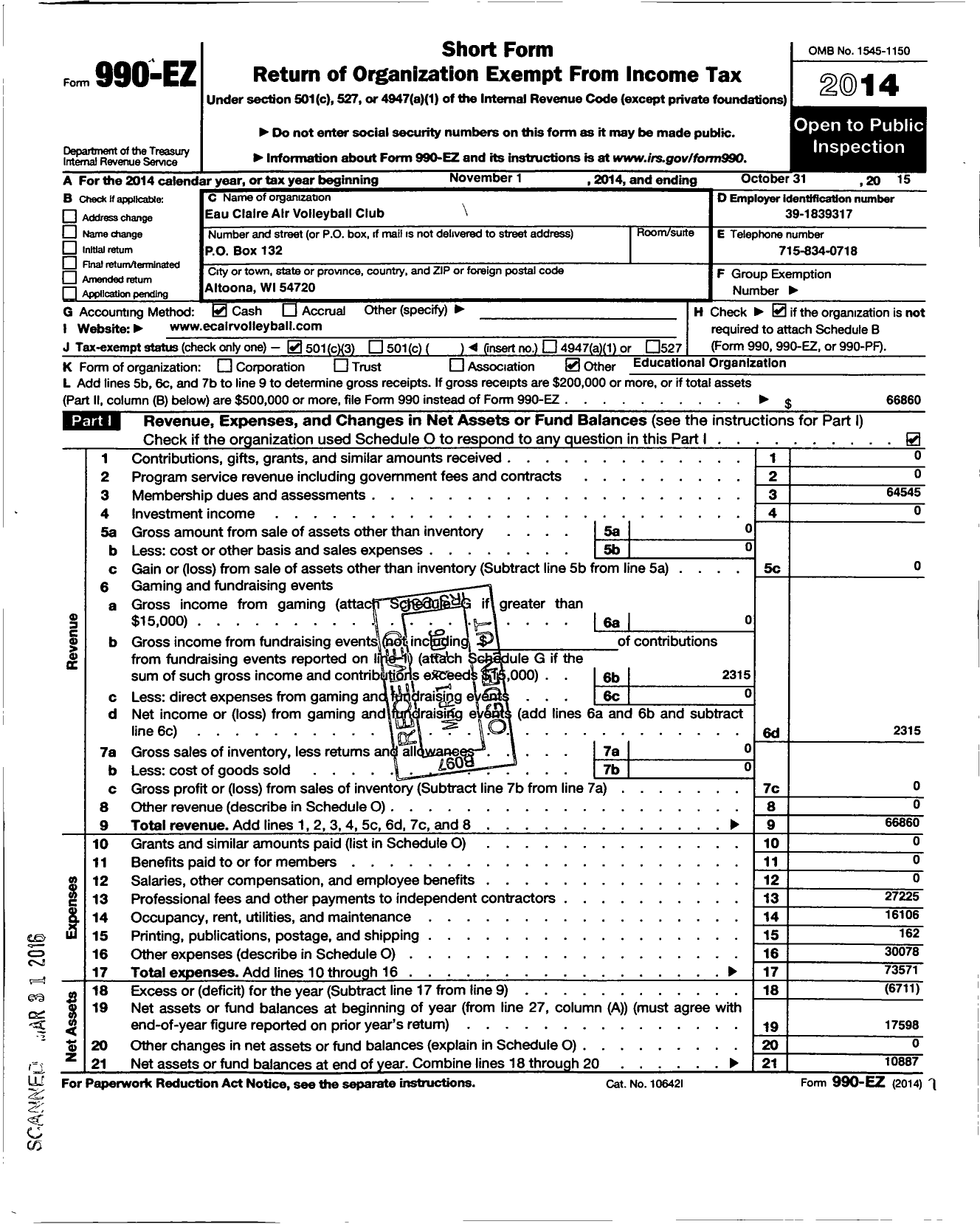 Image of first page of 2014 Form 990EZ for Eau Claire Air