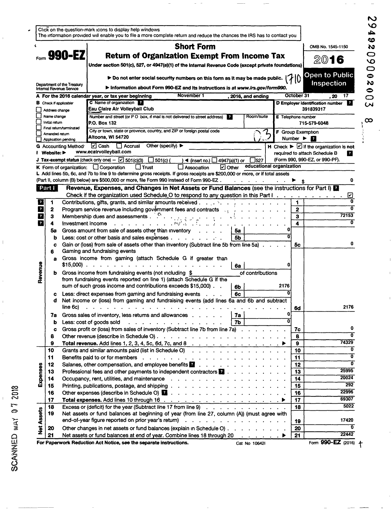 Image of first page of 2016 Form 990EZ for Eau Claire Air