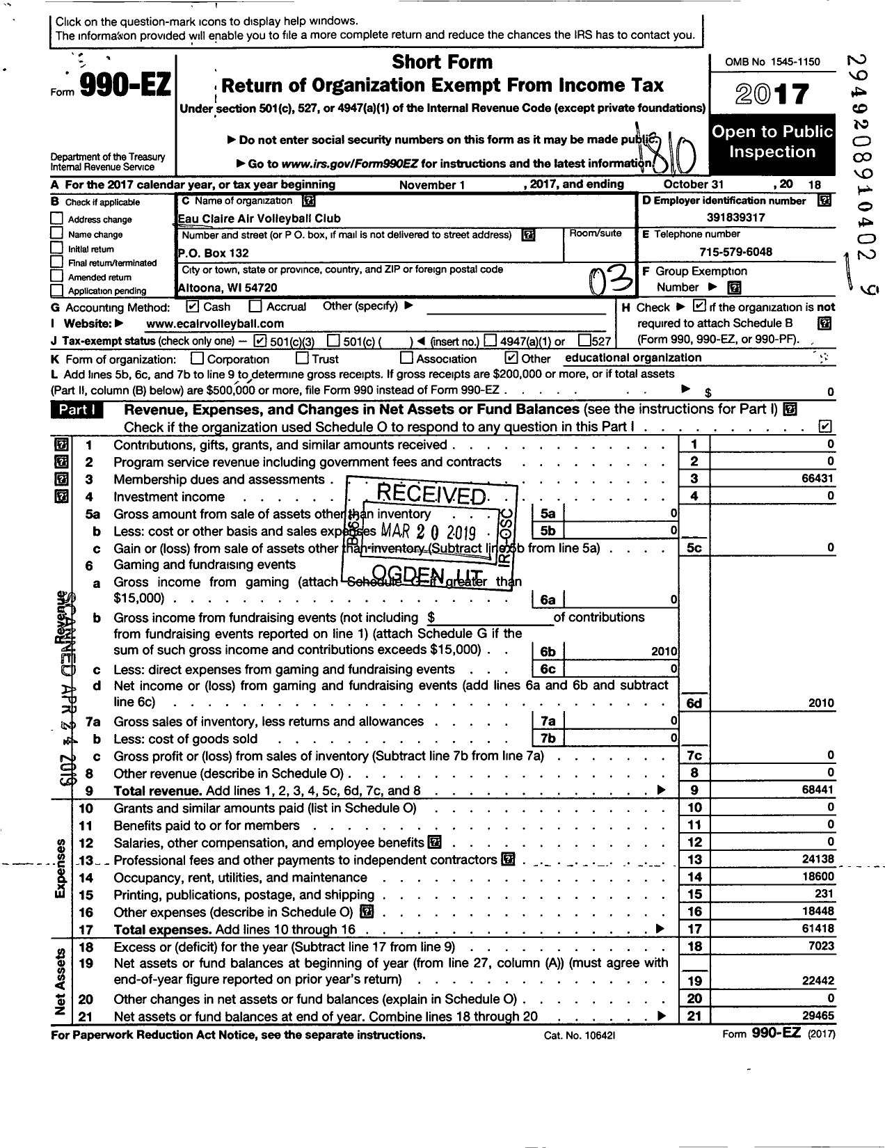 Image of first page of 2017 Form 990EZ for Eau Claire Air