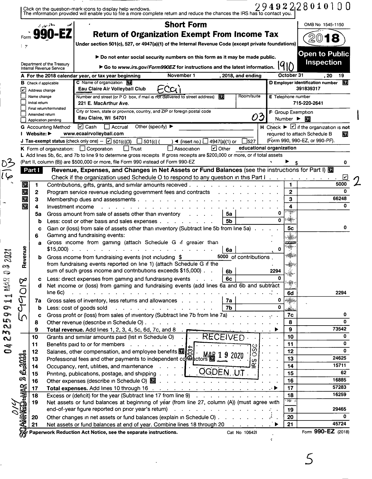 Image of first page of 2018 Form 990EZ for Eau Claire Air