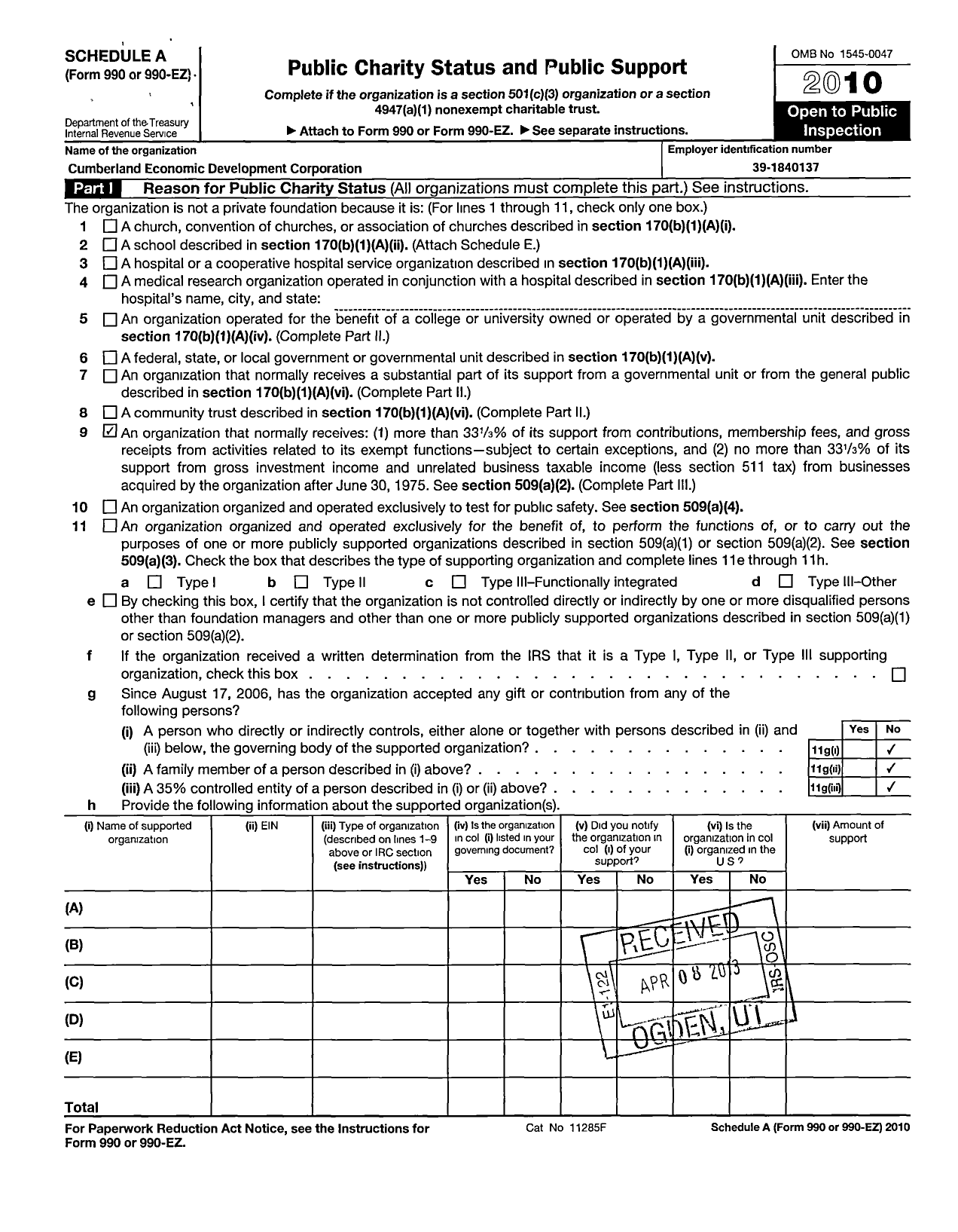 Image of first page of 2010 Form 990R for Cumberland Economic Development Corporation
