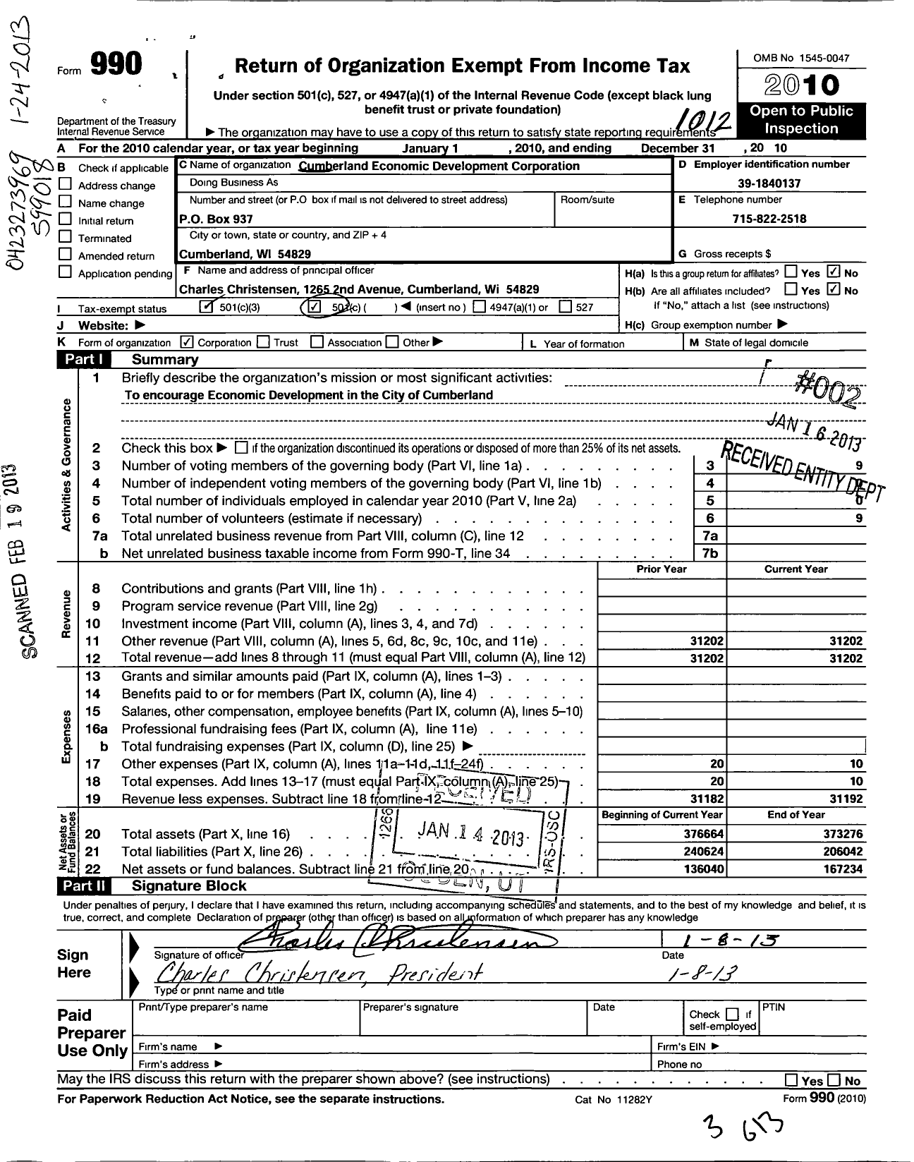 Image of first page of 2010 Form 990 for Cumberland Economic Development Corporation