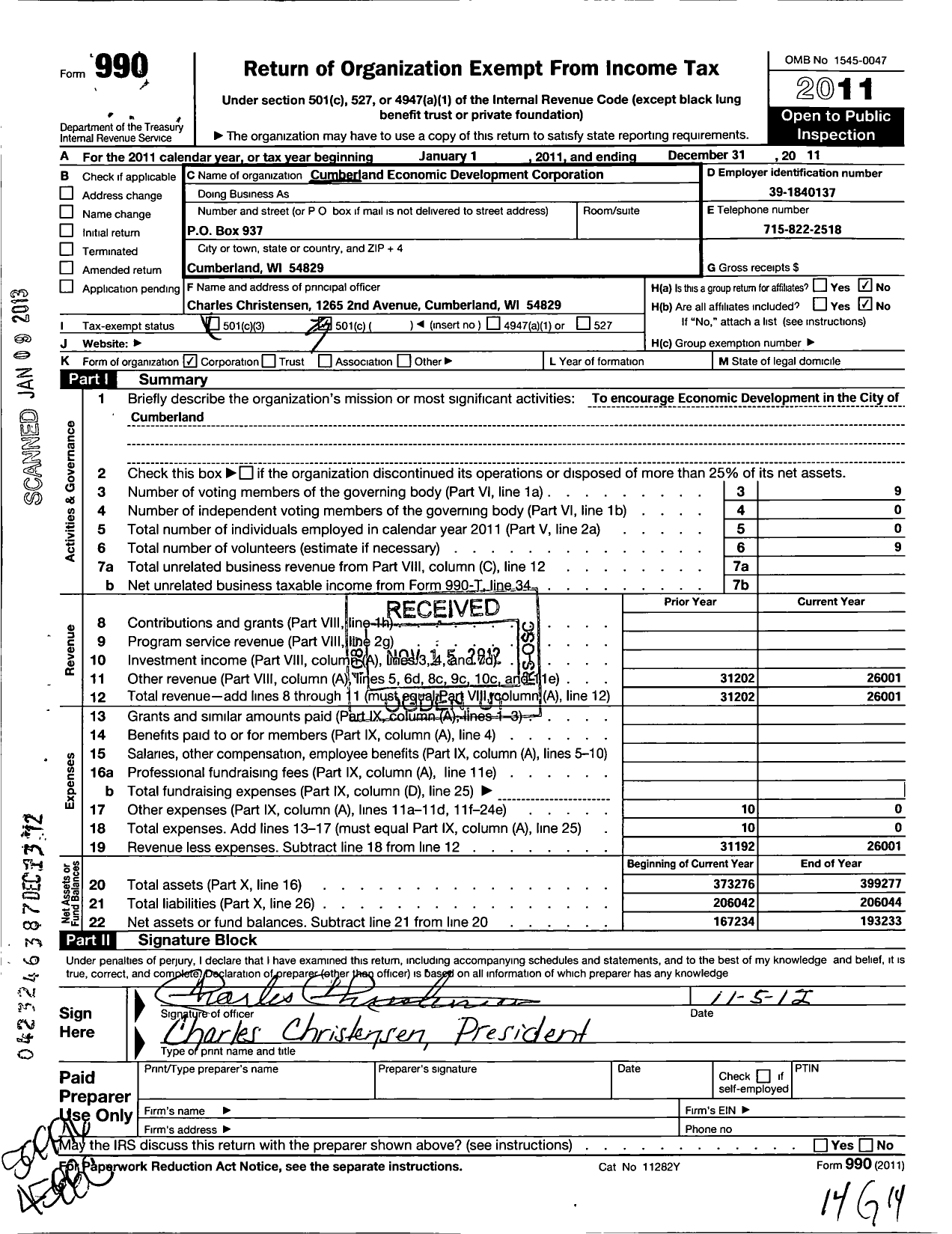Image of first page of 2011 Form 990 for Cumberland Economic Development Corporation