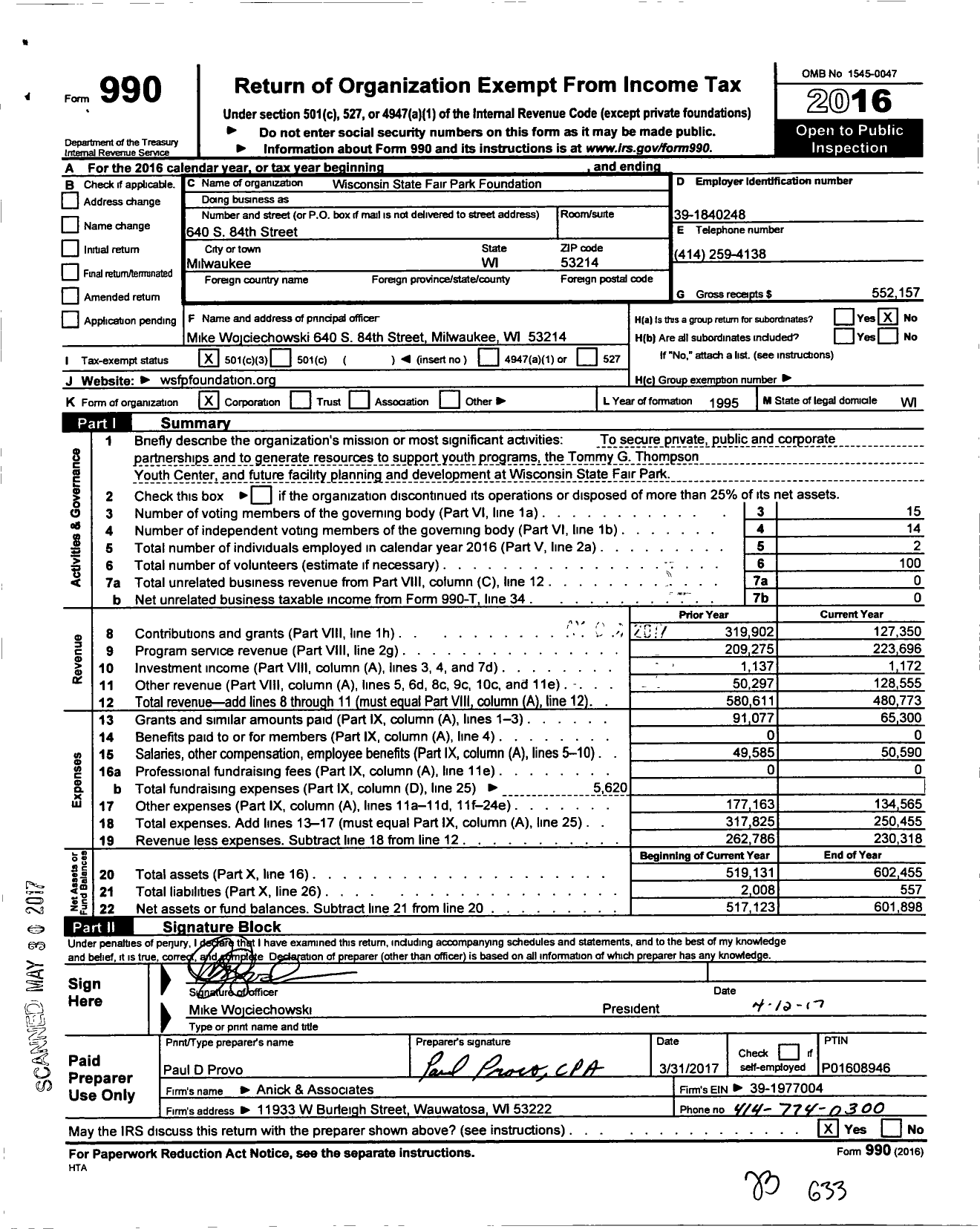 Image of first page of 2016 Form 990 for Wisconsin State Fair Park Foundation