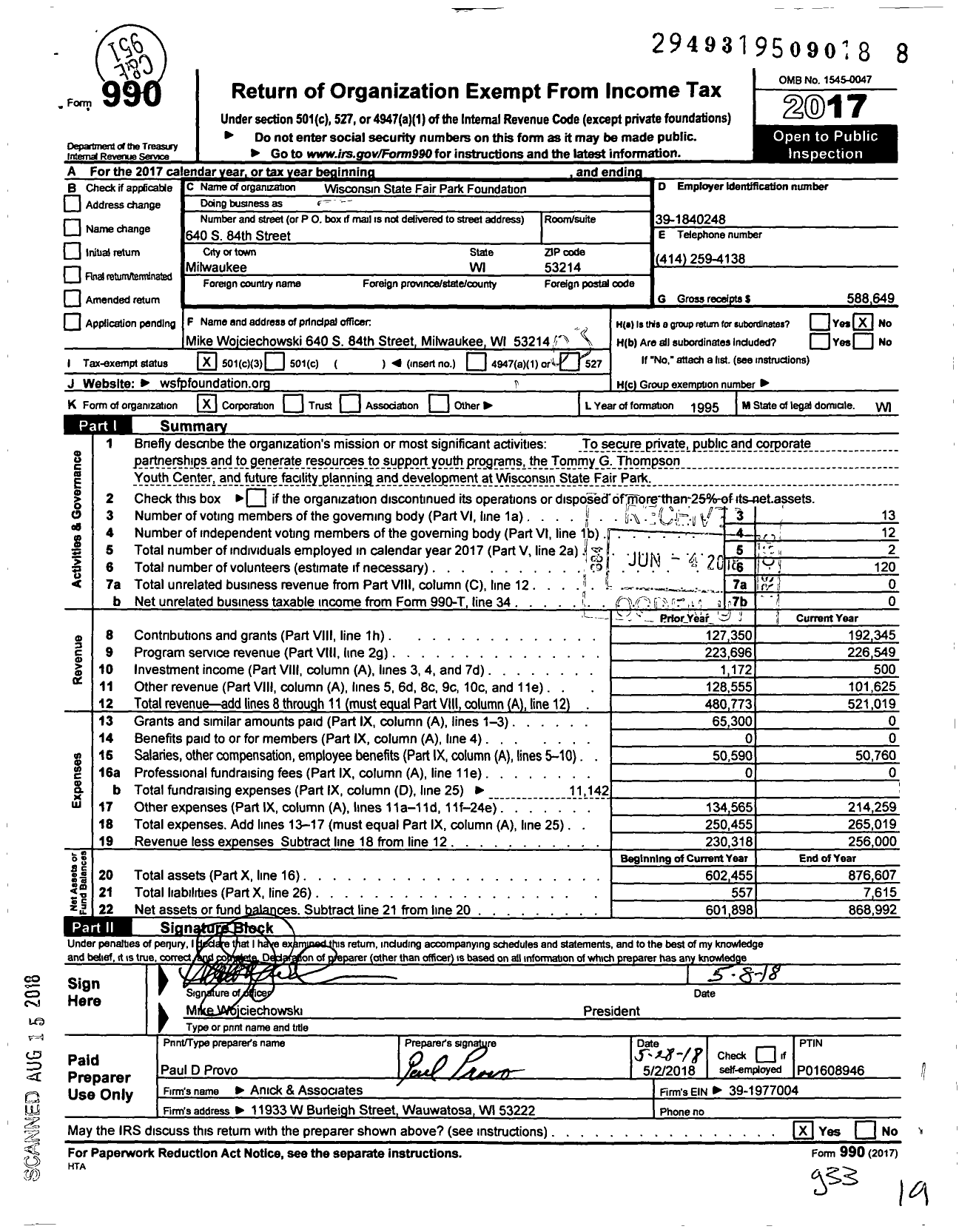 Image of first page of 2017 Form 990 for Wisconsin State Fair Park Foundation