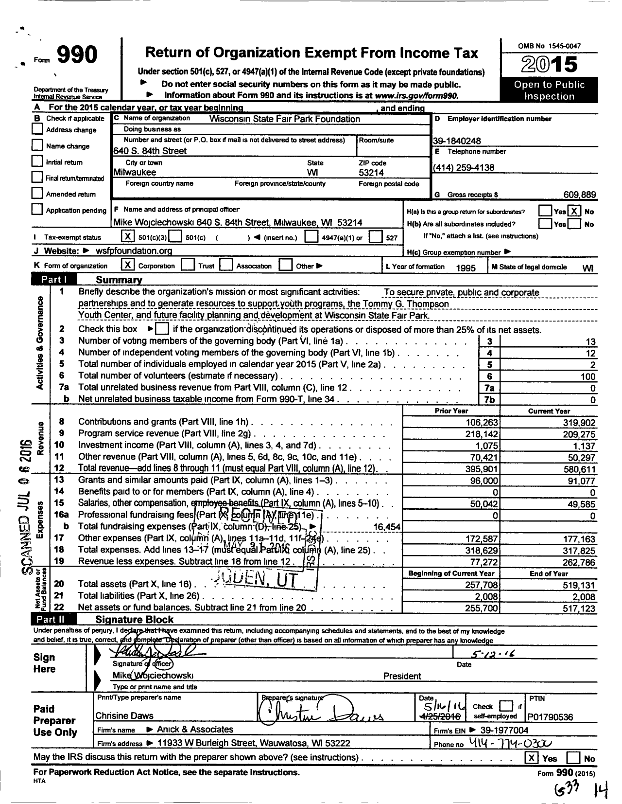 Image of first page of 2015 Form 990 for Wisconsin State Fair Park Foundation