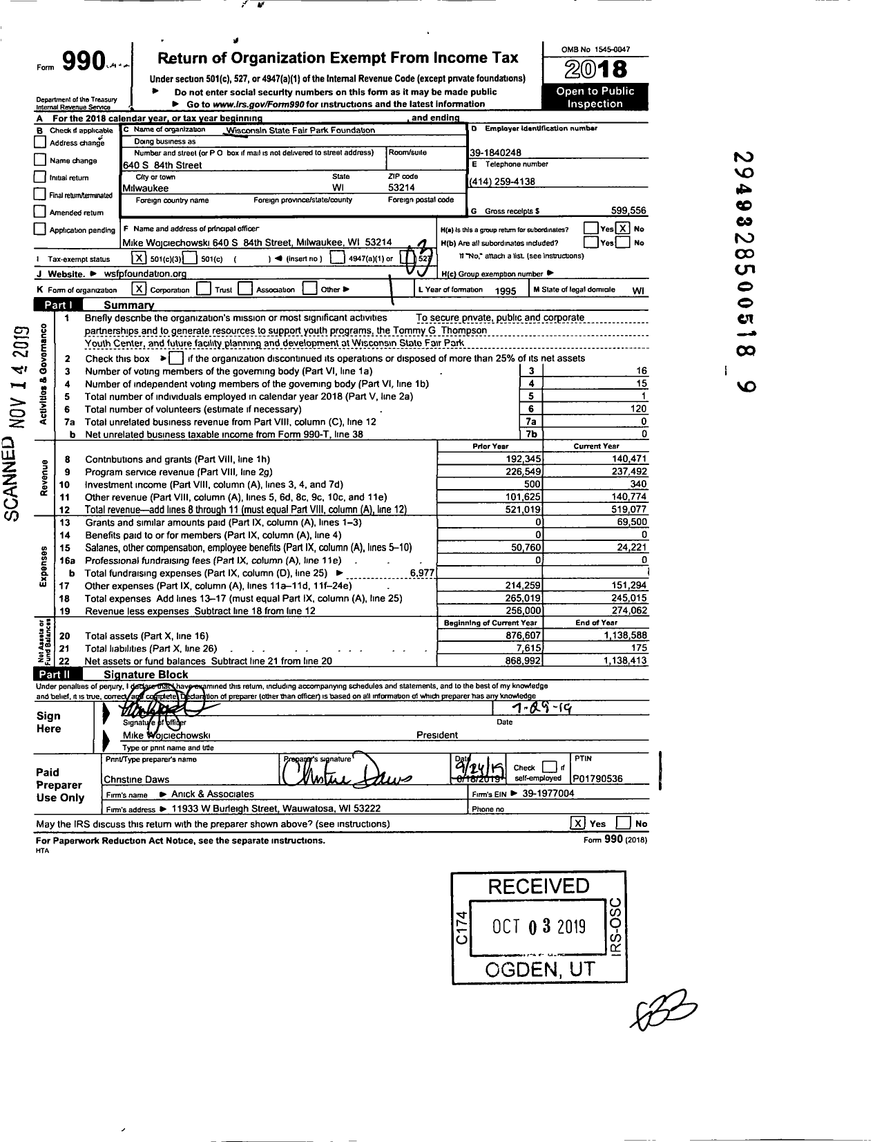 Image of first page of 2018 Form 990 for Wisconsin State Fair Park Foundation