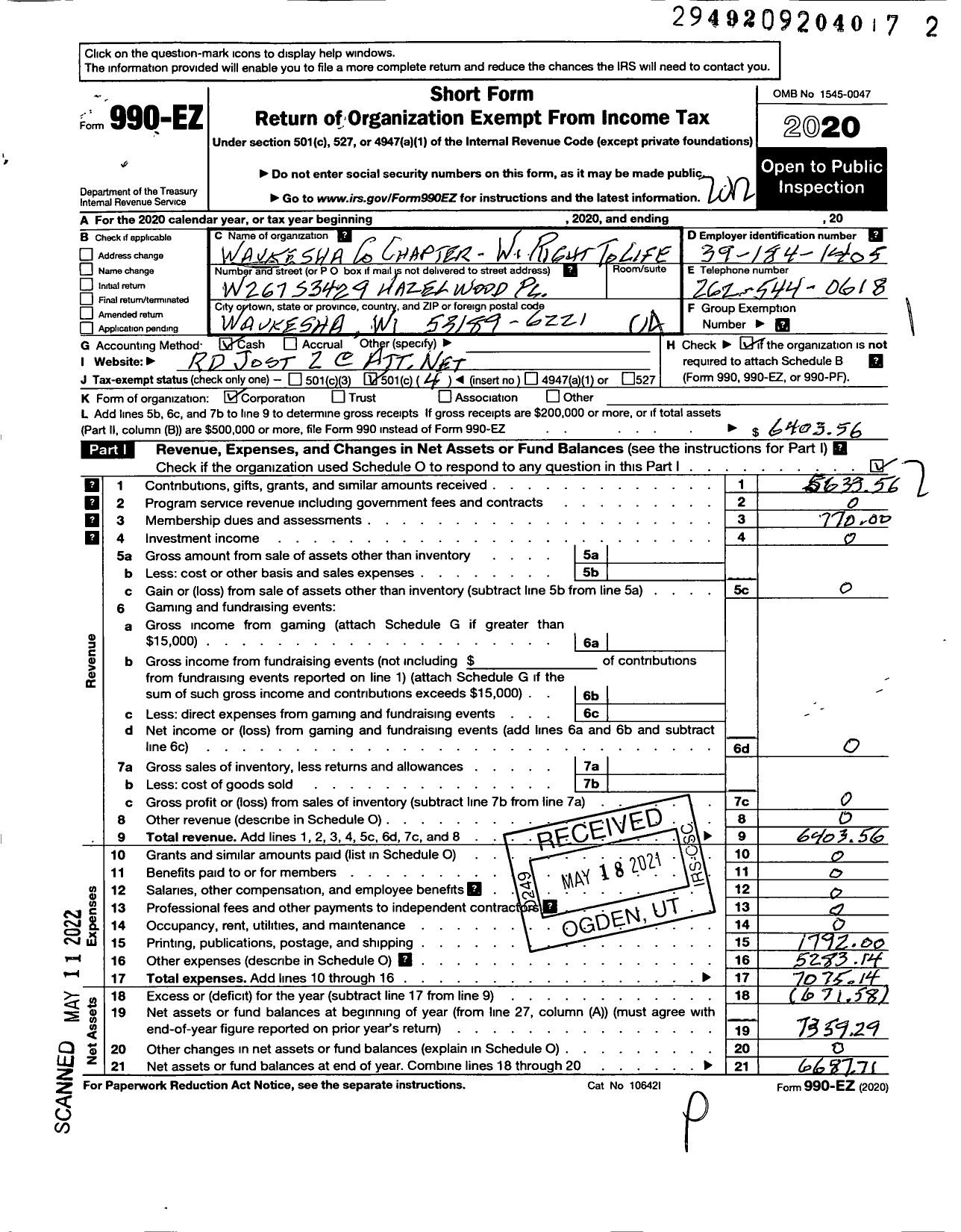 Image of first page of 2020 Form 990EO for Waukesha County Chapter-Wisconsin Right To Life