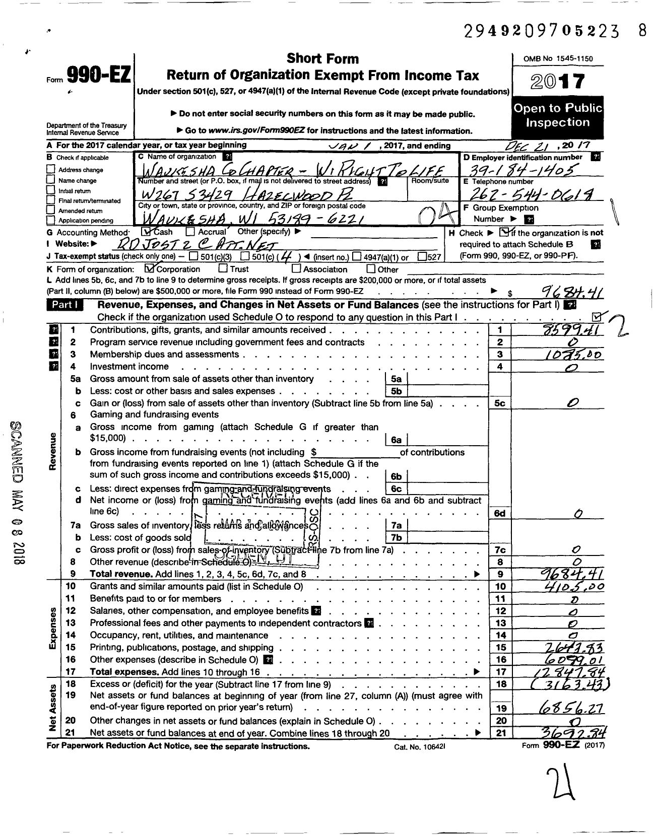 Image of first page of 2017 Form 990EO for Waukesha County Chapter-Wisconsin Right To Life