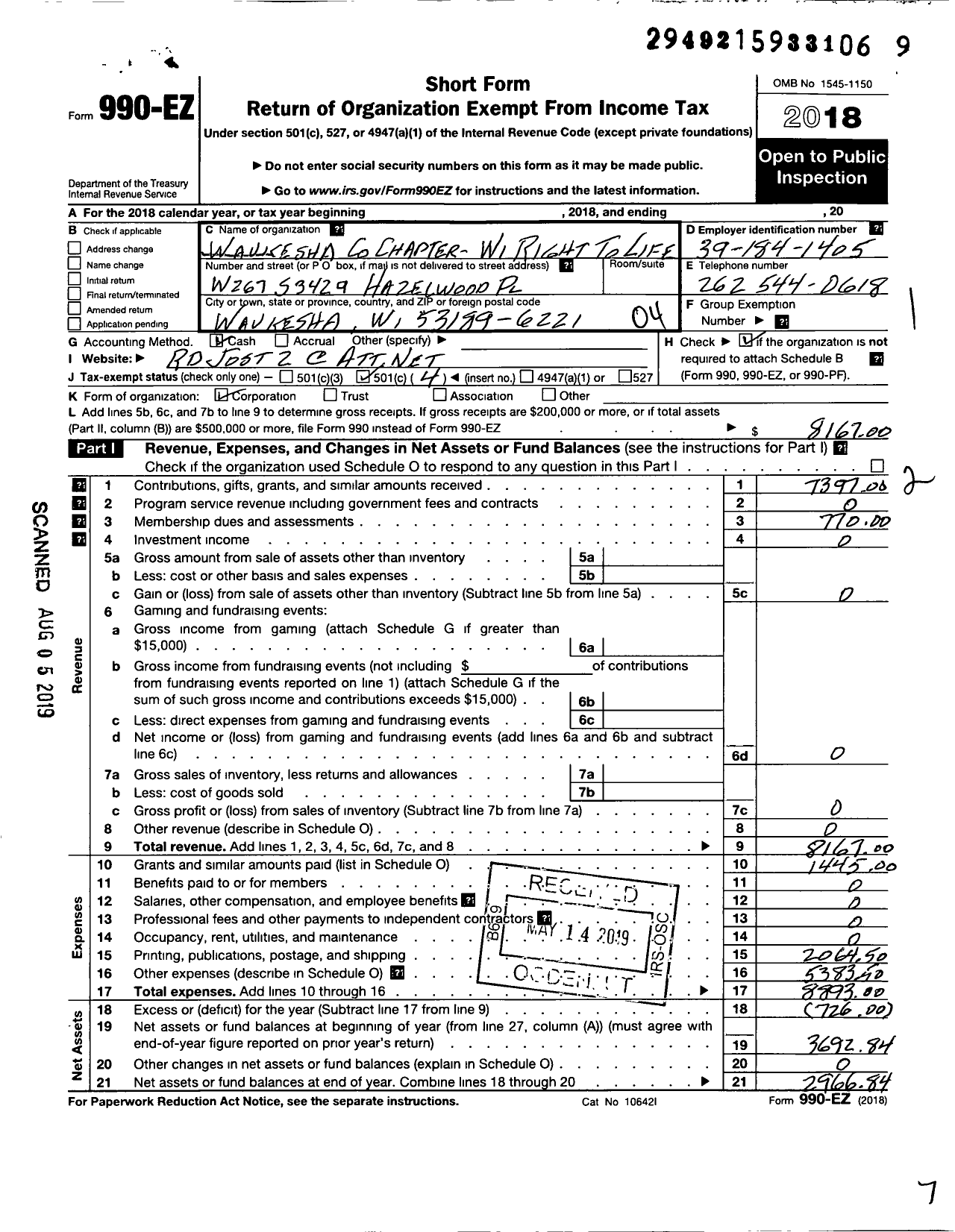 Image of first page of 2018 Form 990EO for Waukesha County Chapter-Wisconsin Right To Life