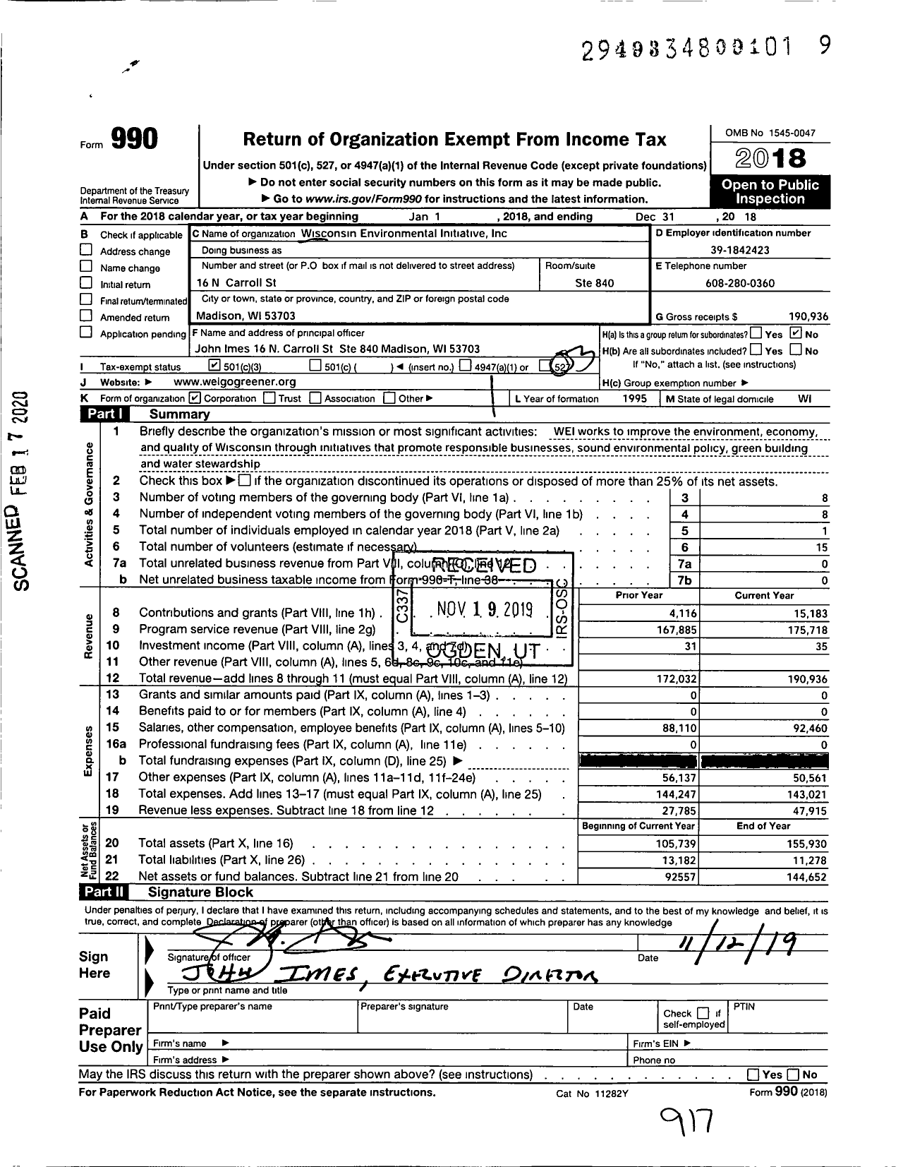 Image of first page of 2018 Form 990 for Wisconsin Environmental Initiative