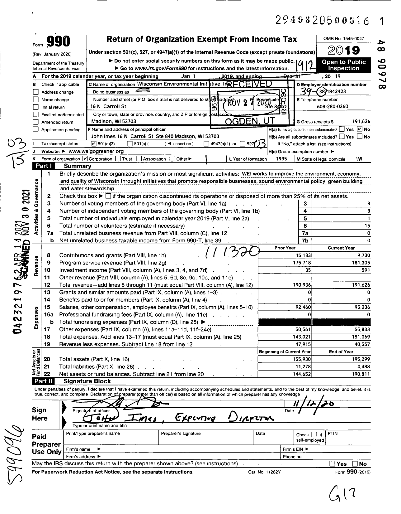Image of first page of 2019 Form 990 for Wisconsin Environmental Initiative
