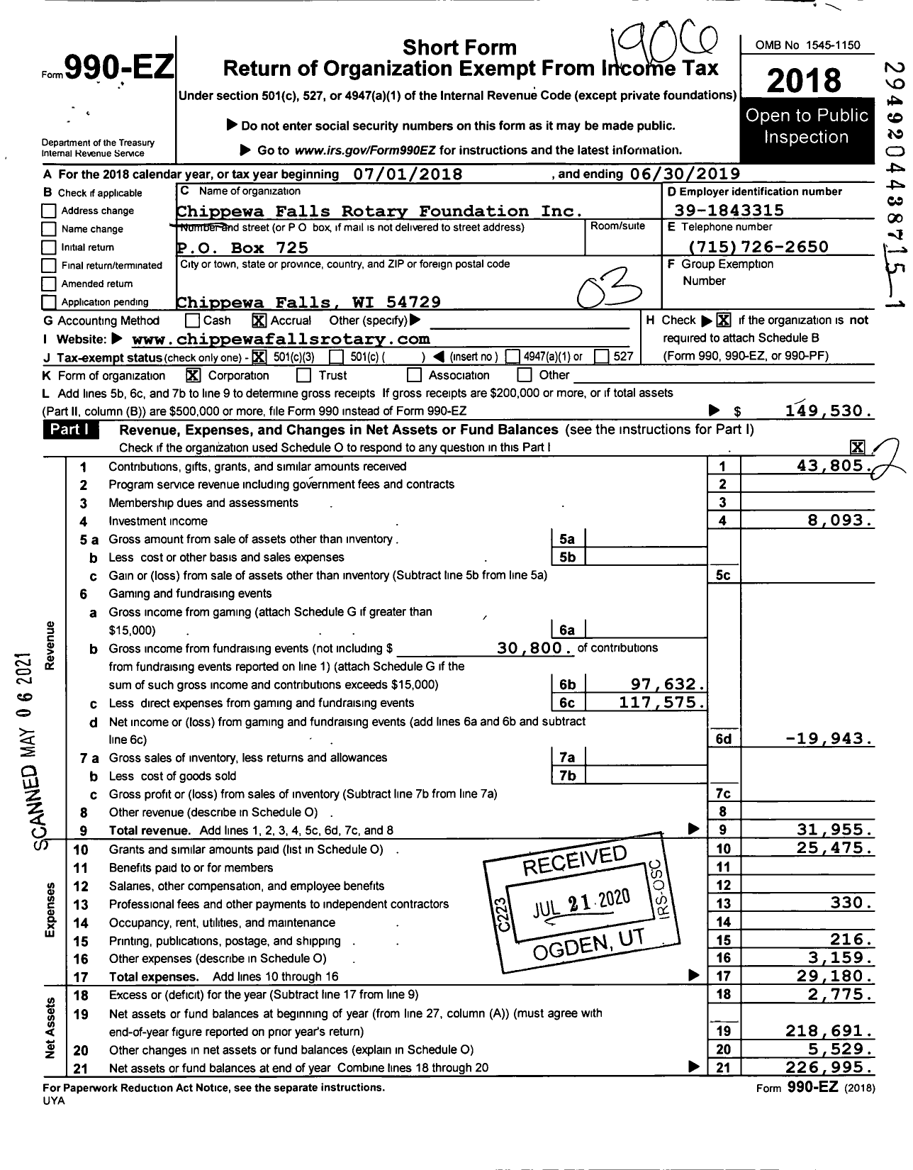 Image of first page of 2018 Form 990EZ for Chippewa Falls Rotary Foundation
