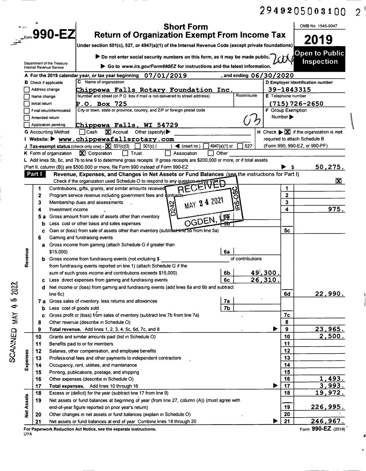Image of first page of 2019 Form 990EZ for Chippewa Falls Rotary Foundation