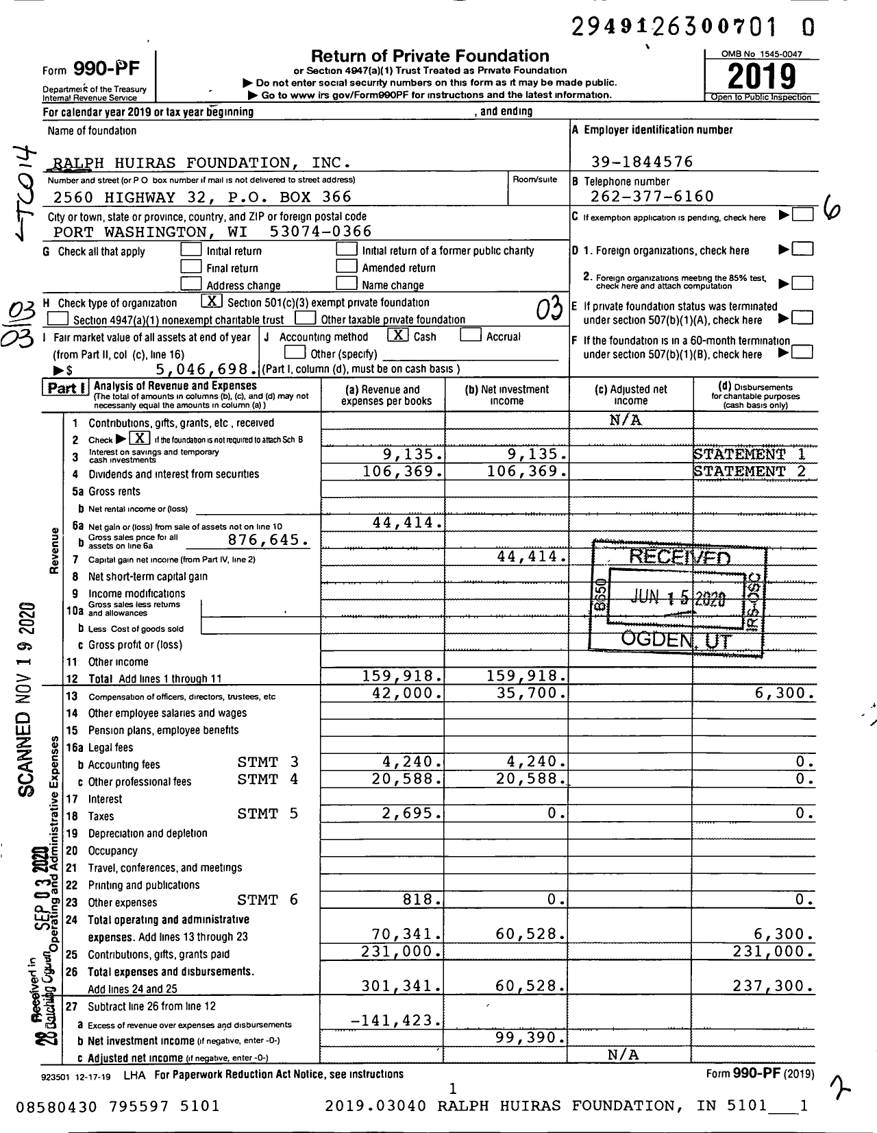 Image of first page of 2019 Form 990PF for Ralph Huiras Foundation