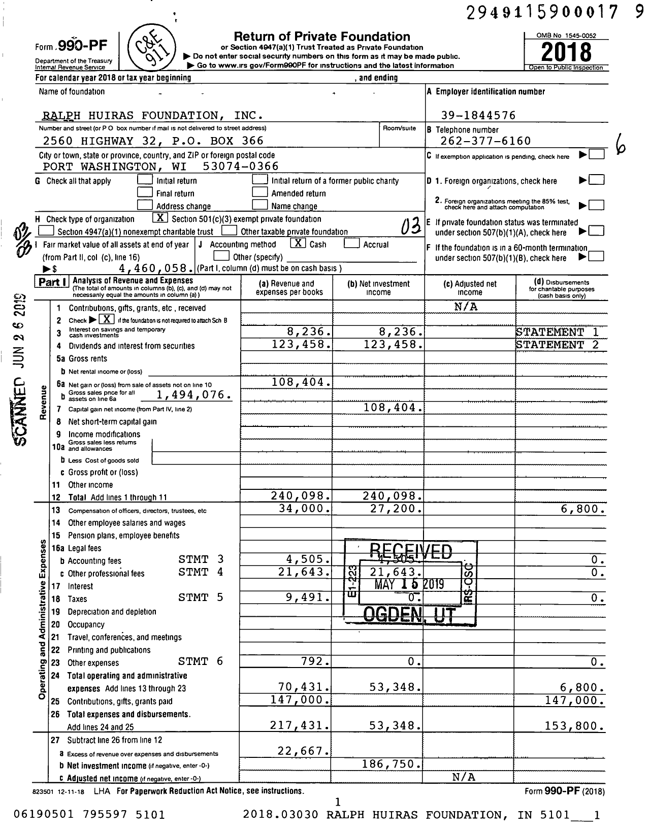 Image of first page of 2018 Form 990PF for Ralph Huiras Foundation